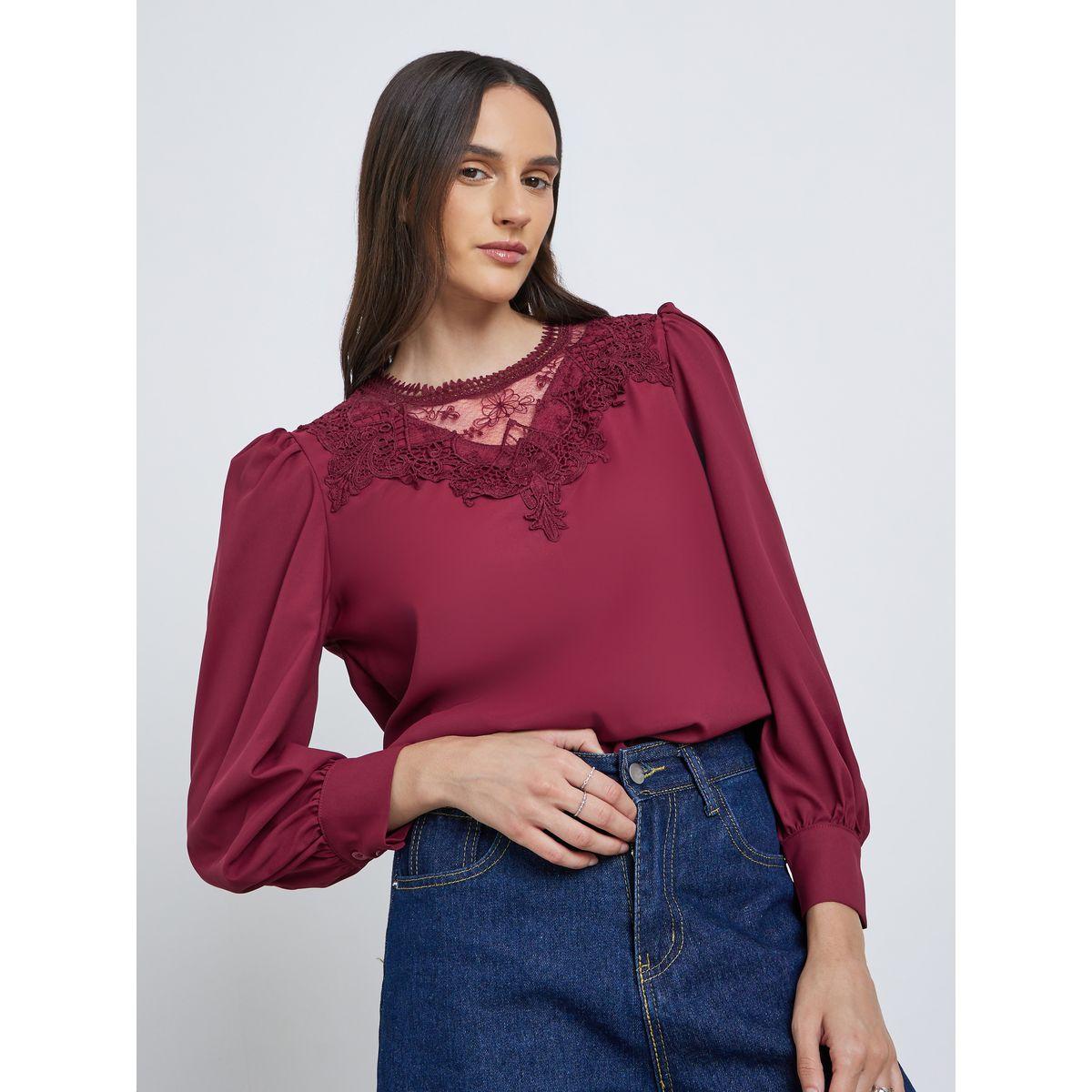 Styli Lace Insert Balloon Sleeve Blouse-women-clothing-shirtsandblouses-blouses-image-1