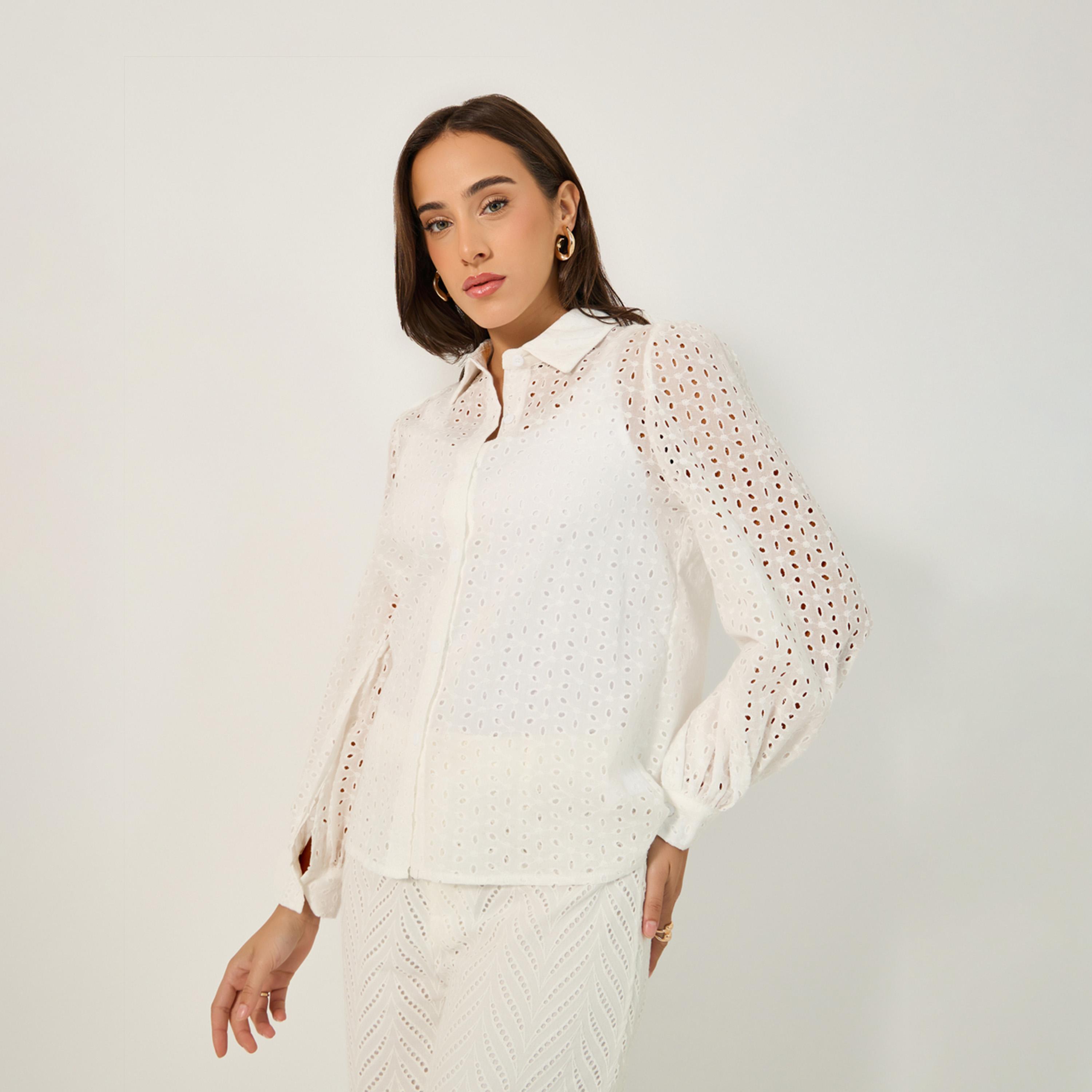 Styli Schiffli Balloon Sleeve Spread Collar Shirt-women-clothing-shirtsandblouses-shirts-image-1