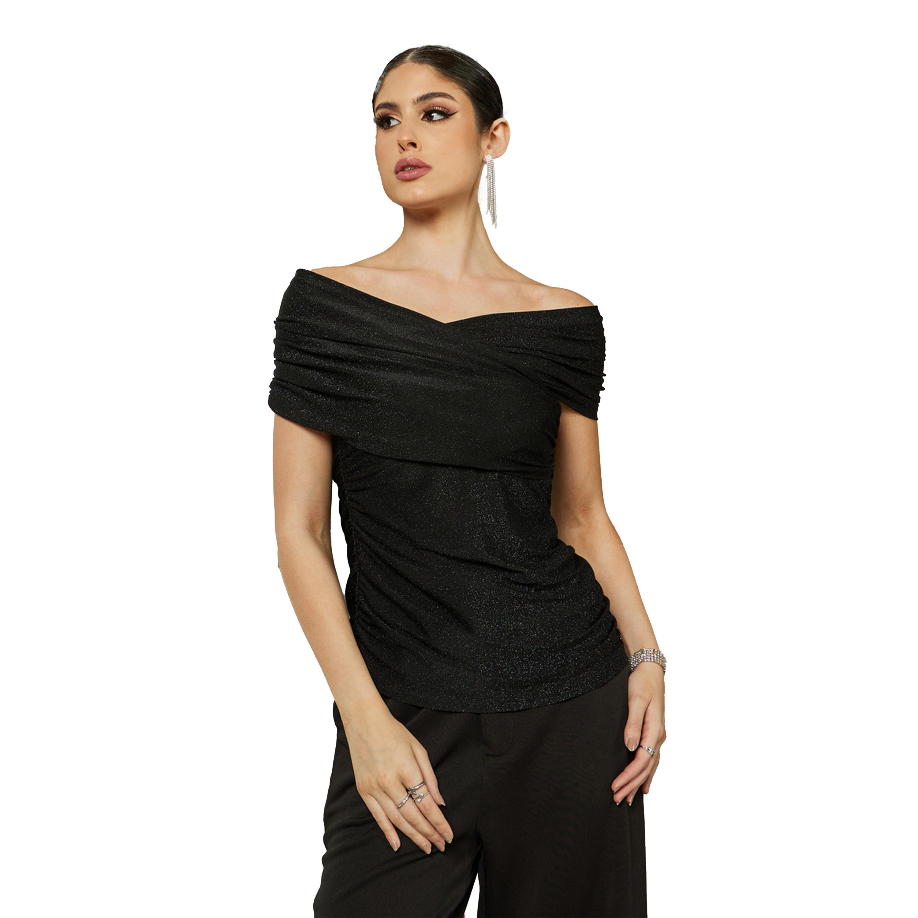 Styli Off Shoulder Pleated Knit Top-women-clothing-tshirts-image-2