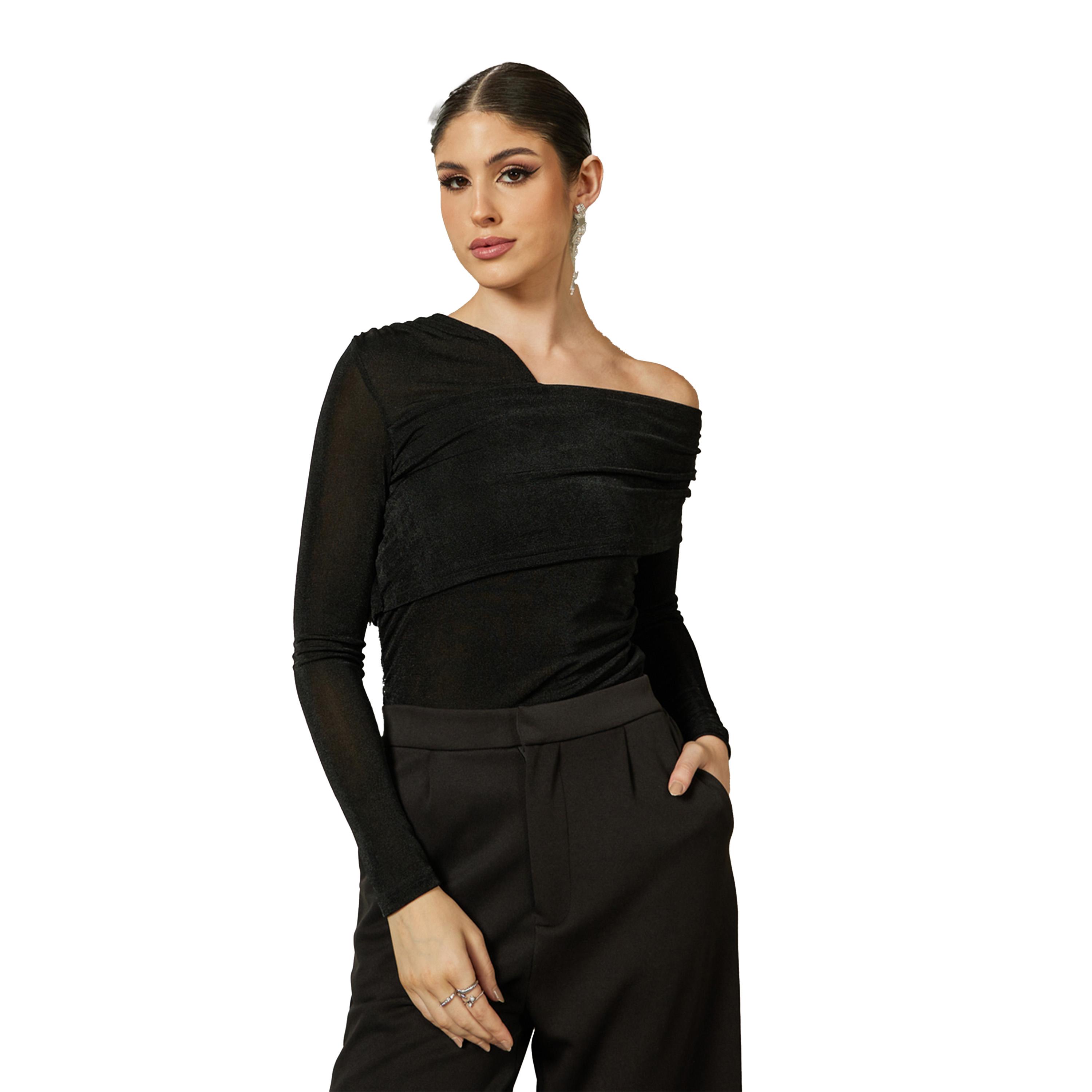 ستايلي - بلوزة محبوكة برقبة غير متماثلة وكتف واحد-women-clothing-tshirts-image-1