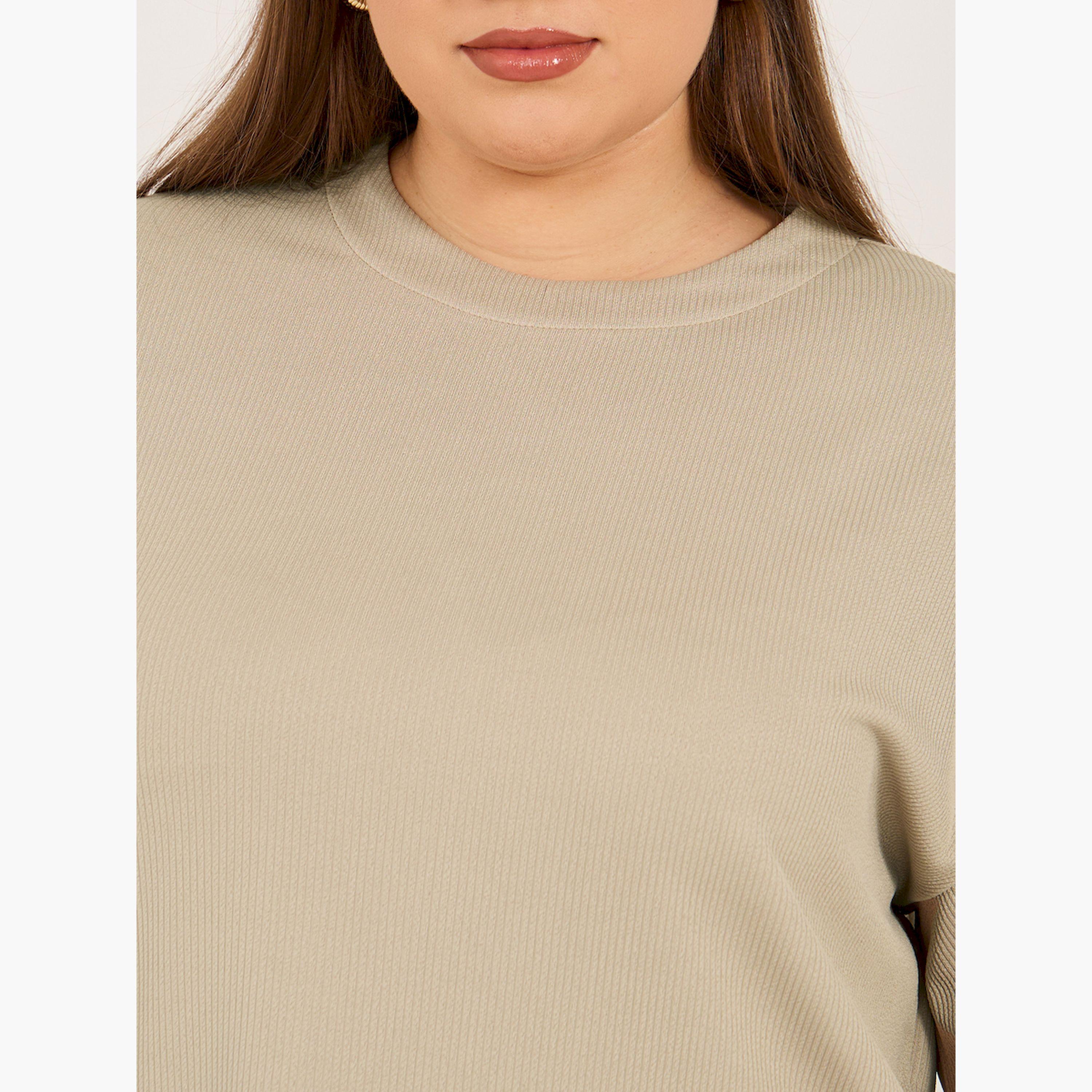 Styli Plus Size Ribbed Knit Round Neck Oversized T-Shirt-women-clothing-tshirts-image-3