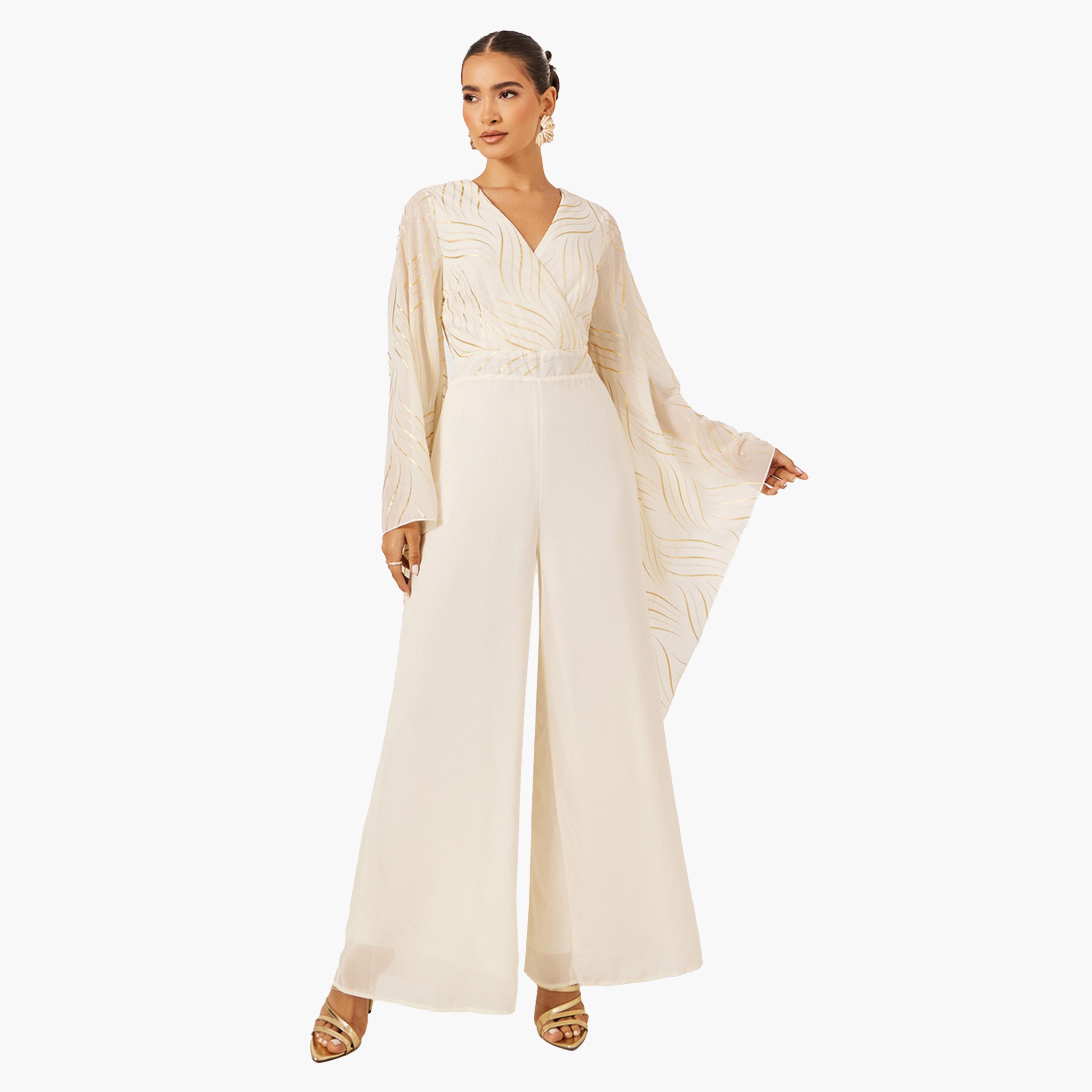 ستايلي-  جمبسوت واسع الساق بطبعة رقائق معدنية كريمية-women-clothing-jumpsuits-image-2