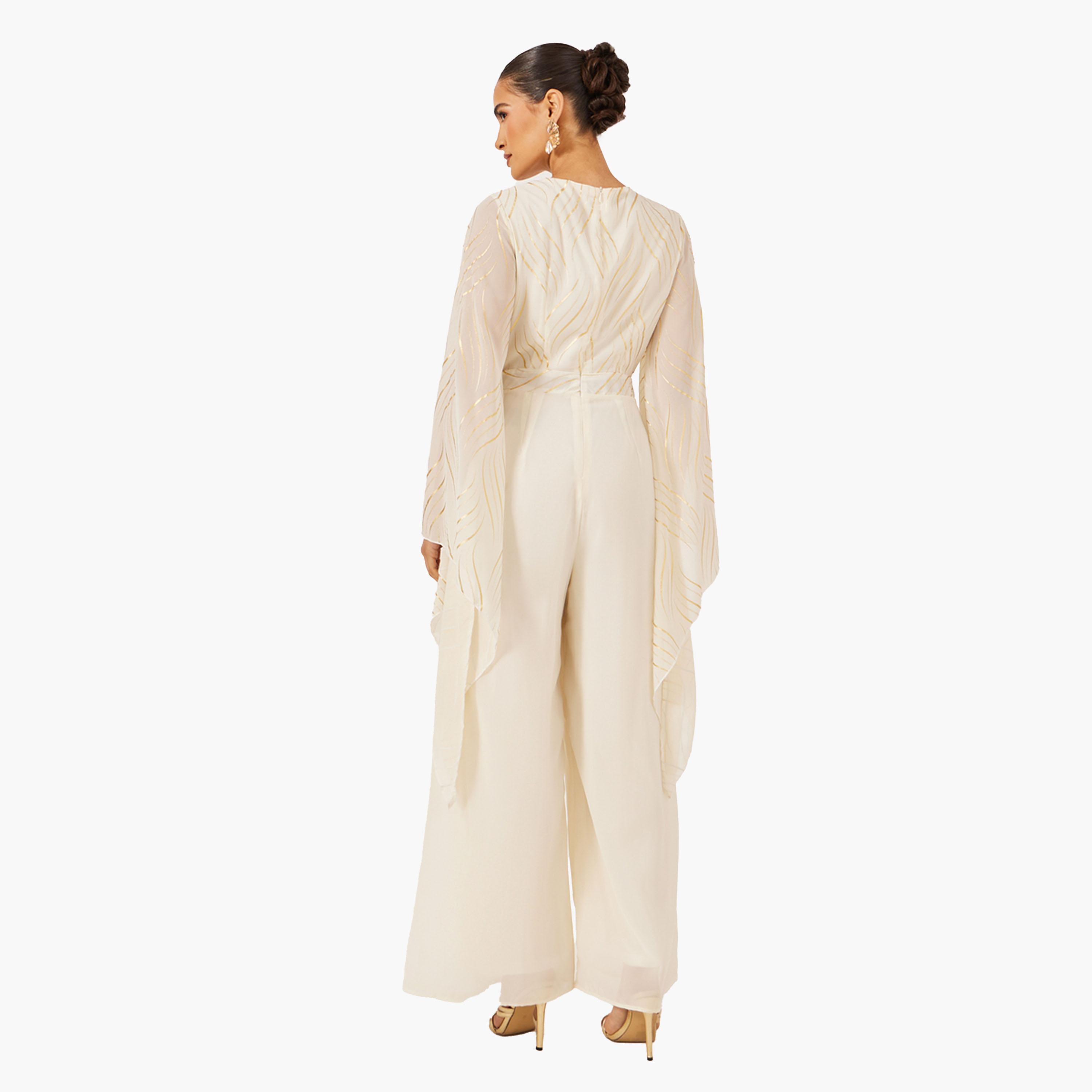 ستايلي-  جمبسوت واسع الساق بطبعة رقائق معدنية كريمية-women-clothing-jumpsuits-image-5