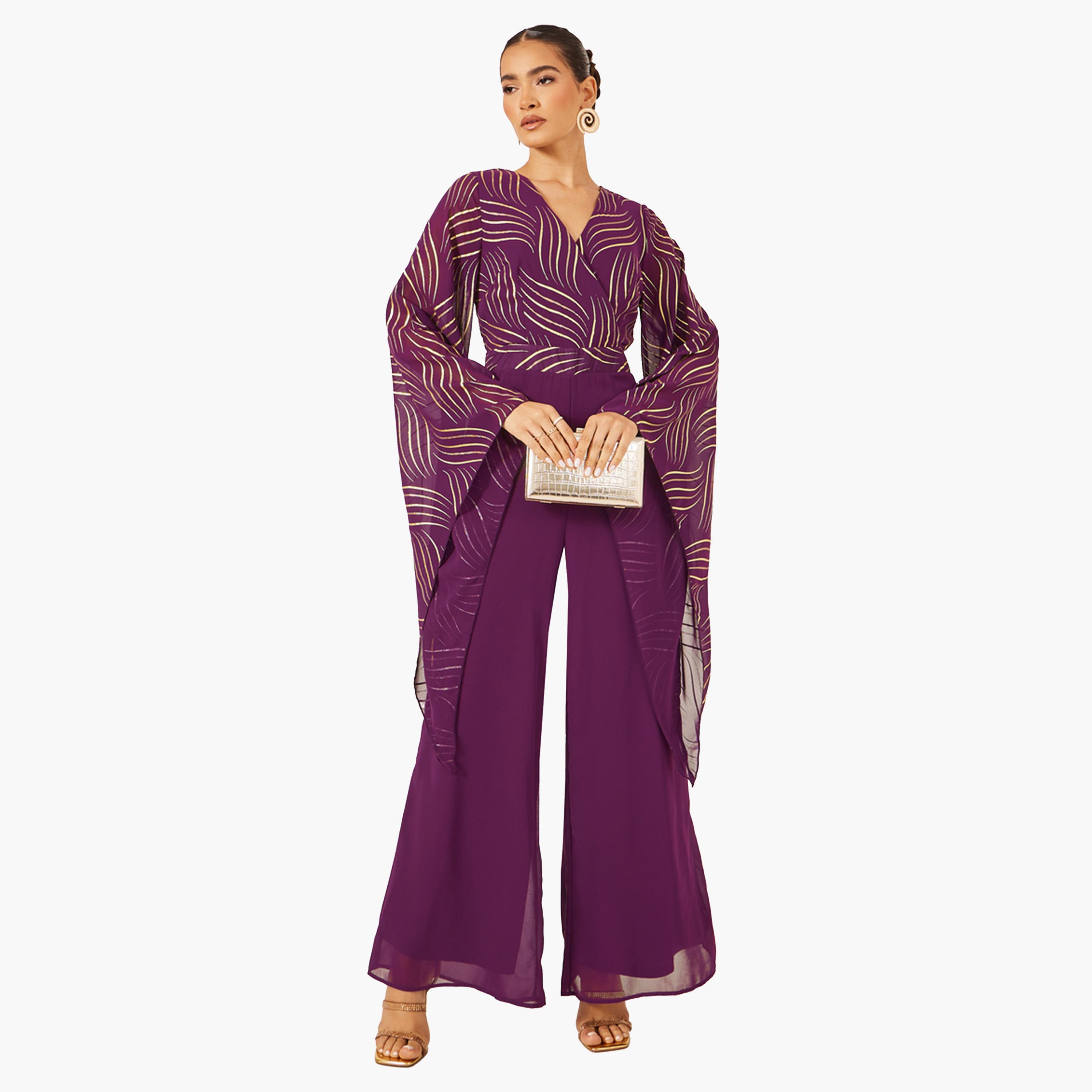 ستايلي - جمبسوت واسع الساق مطبوع - بنفسجي-women-clothing-jumpsuits-image-1