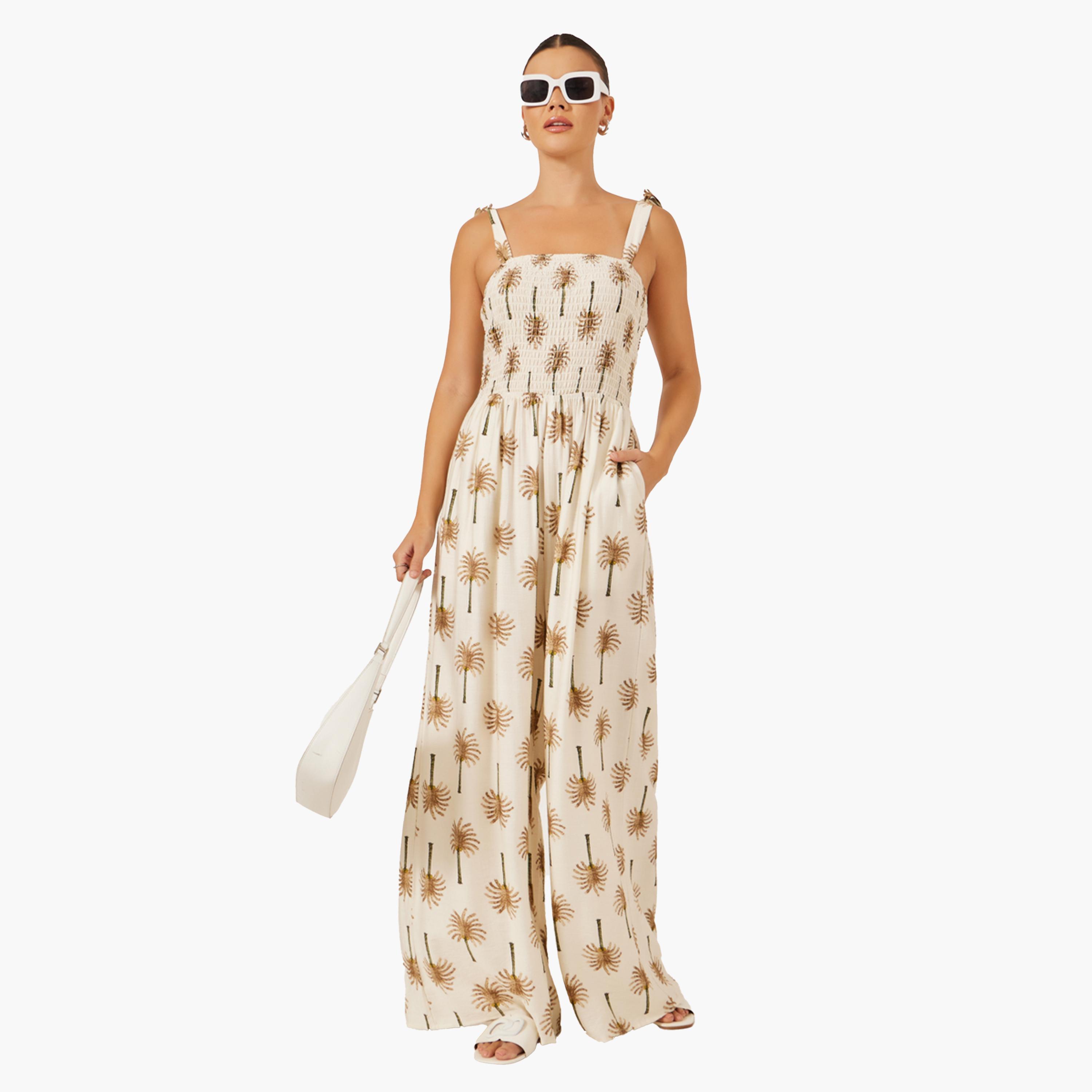 Styli Beige Palm Tree Print Wide Leg Jumpsuit-women-clothing-jumpsuits-image-1
