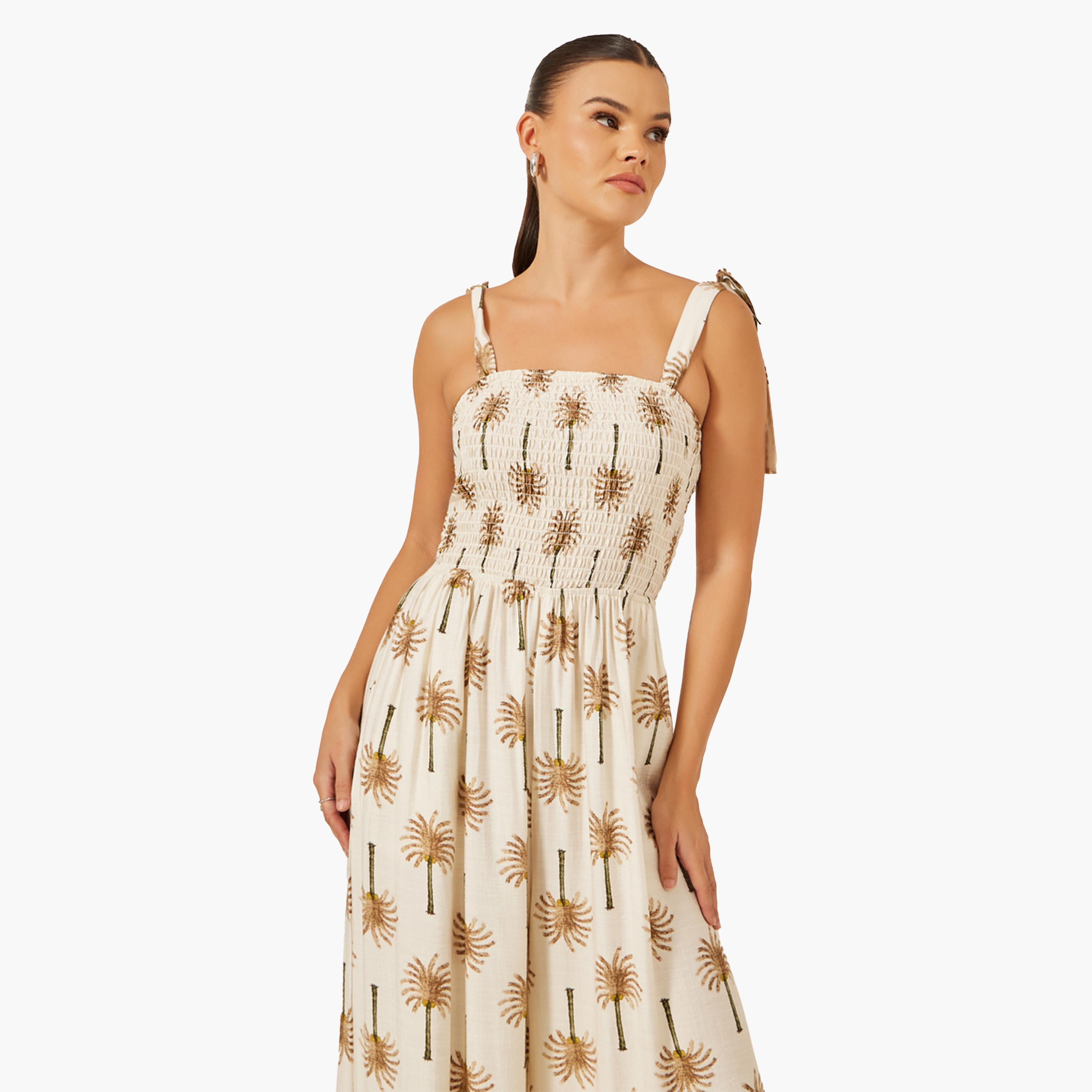 Styli Beige Palm Tree Print Wide Leg Jumpsuit-women-clothing-jumpsuits-image-2