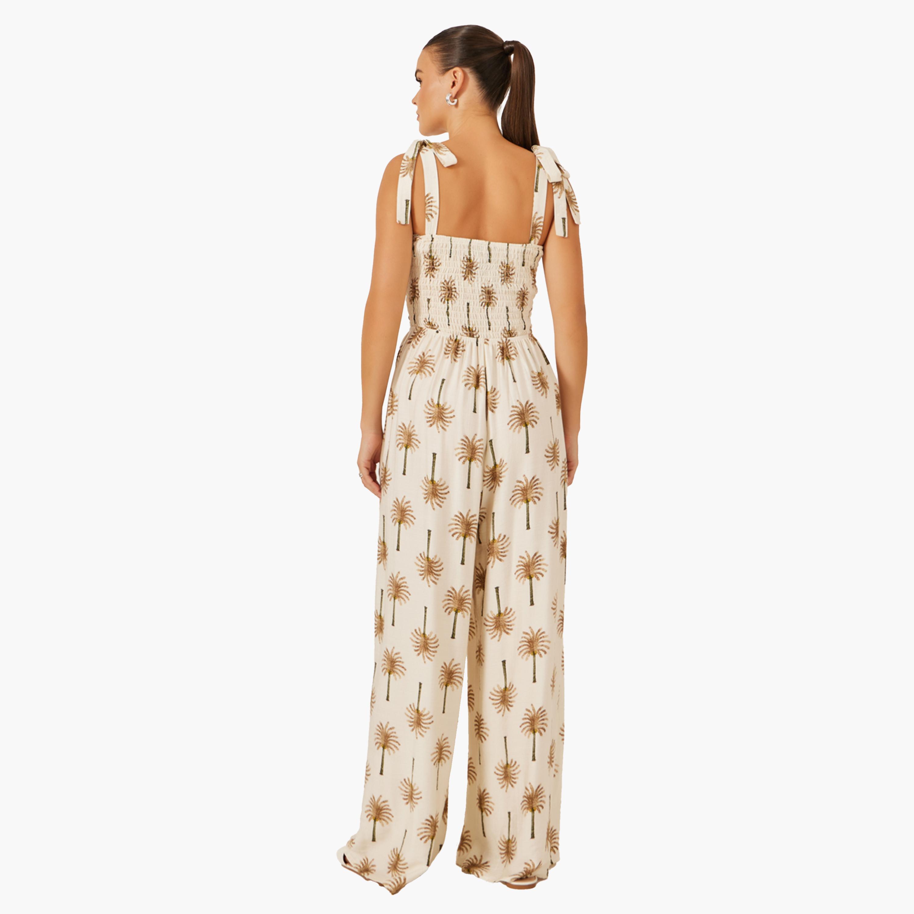ستايلي-  جمبسوت واسع الساق بطبعة شجرة نخيل باللون البيج-women-clothing-jumpsuits-image-4