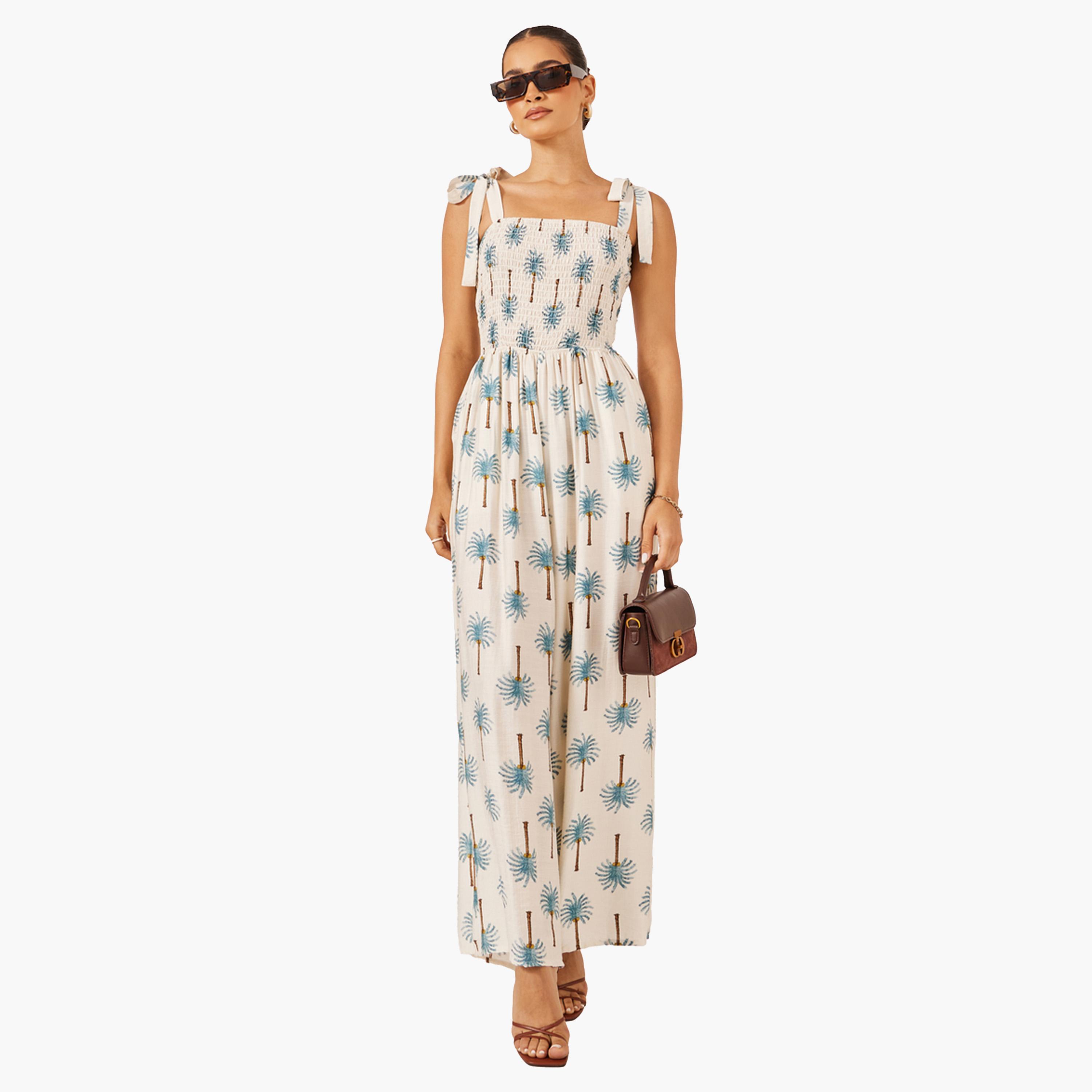 Styli Blue Palm Print Print Wide Leg Jumpsuit-women-clothing-jumpsuits-image-2