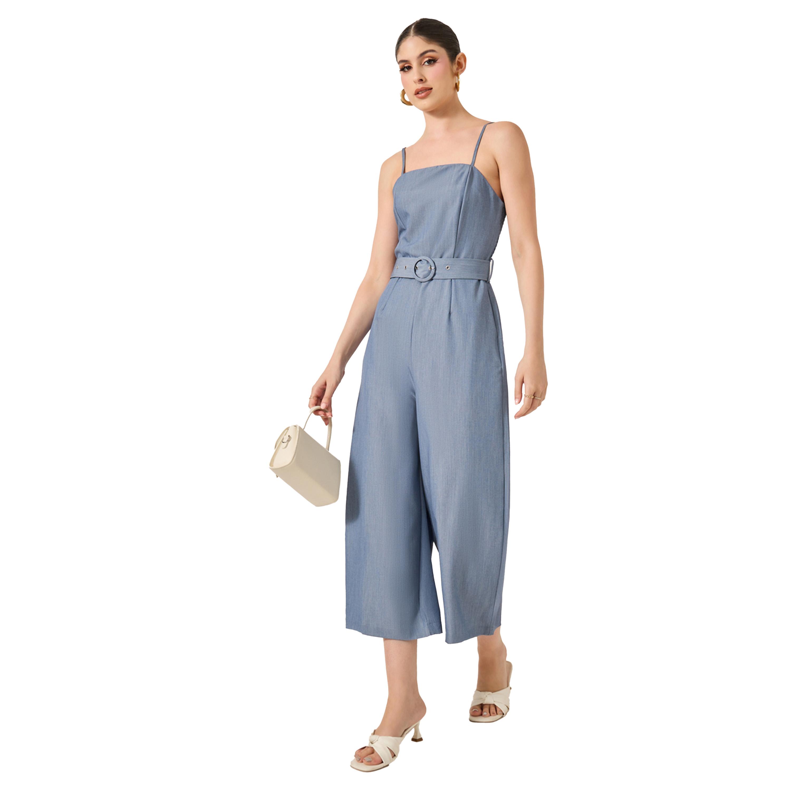 ستايلي -  جمبسوت ساق واسعة مع حزام وظهر منفوش-women-clothing-jumpsuits-image-1