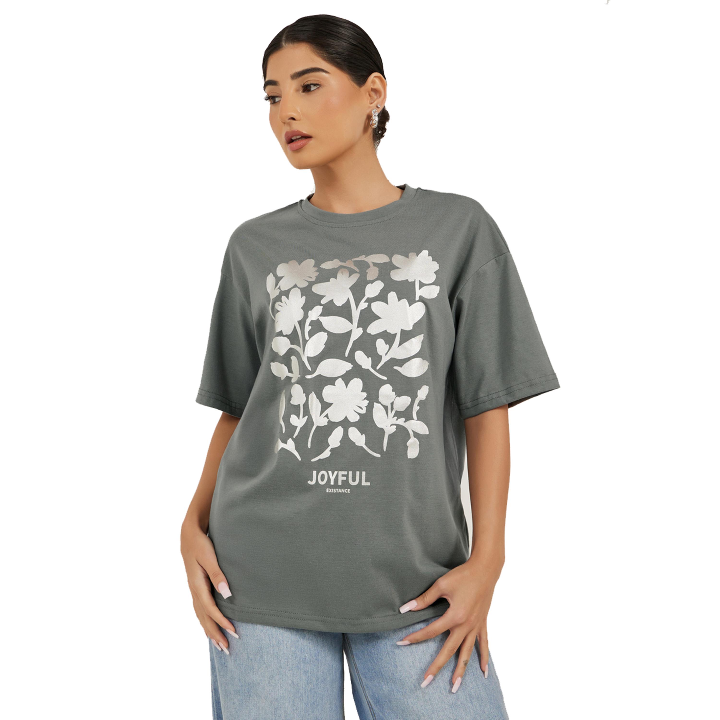 Styli Floral Foil Graphic Oversized Round Neck T-Shirt-women-clothing-tshirts-image-1