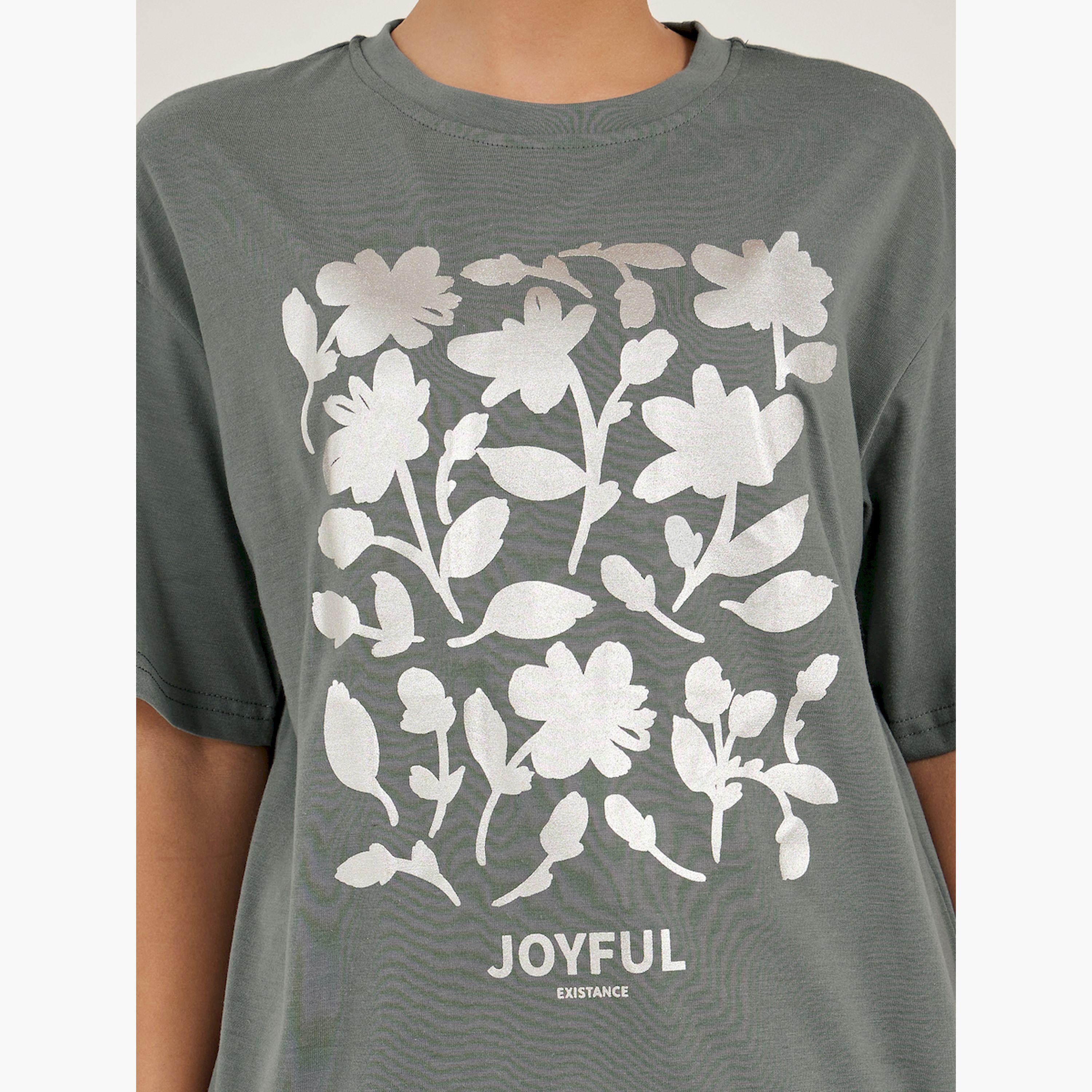 Styli Floral Foil Graphic Oversized Round Neck T-Shirt-women-clothing-tshirts-image-3
