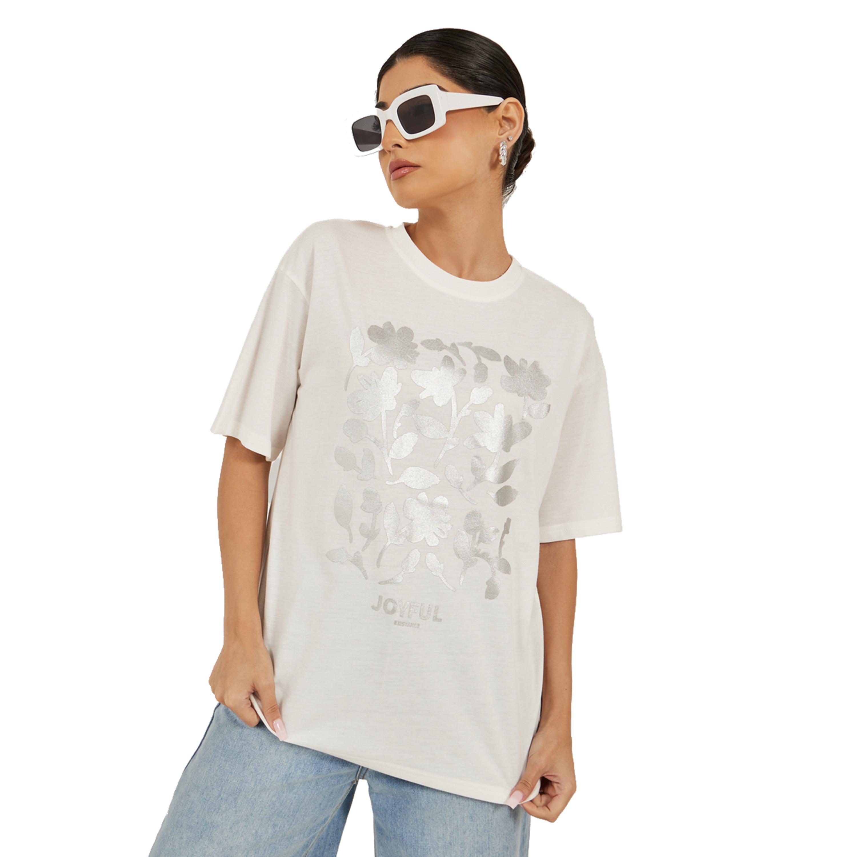 Styli Floral Foil Graphic Oversized Round Neck T-Shirt-women-clothing-tshirts-image-2