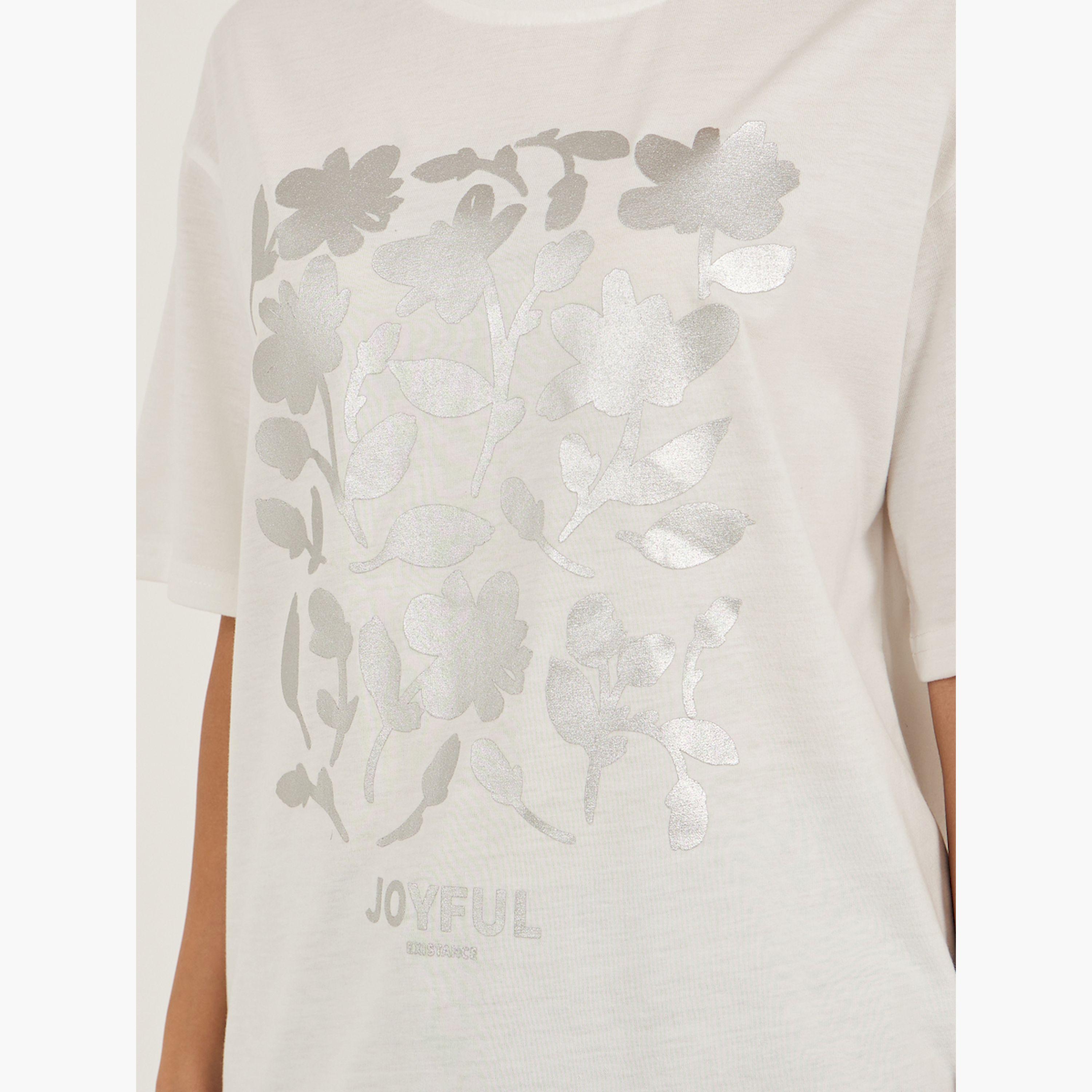 Styli Floral Foil Graphic Oversized Round Neck T-Shirt-women-clothing-tshirts-image-3