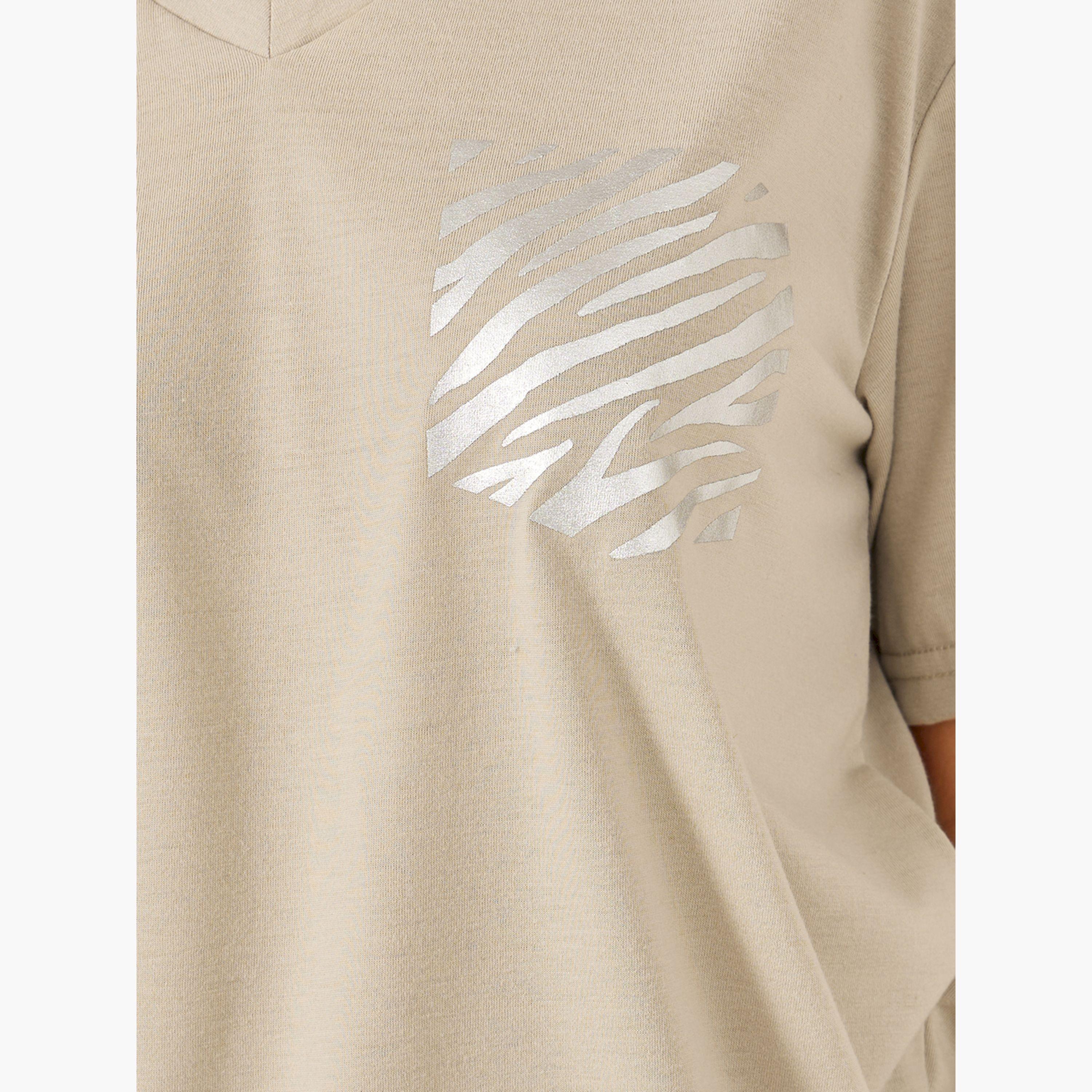 ستايلي -  تي شيرت نسائي ، بيج، بطبعة جلد الحمار الوحشي، بجيوب وهمية-women-clothing-tshirts-image-3
