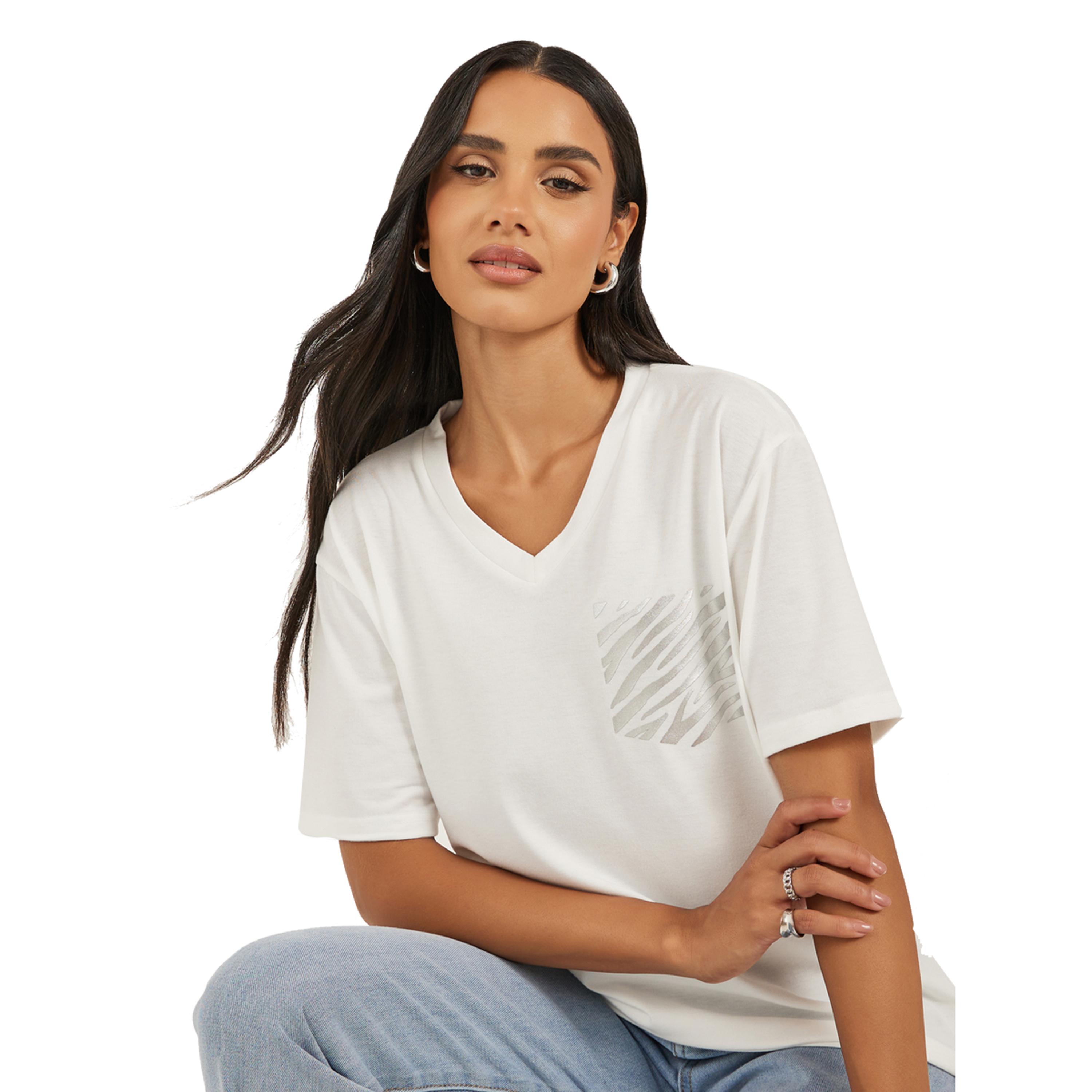 Styli Women White Oversized Zebra Foil Print Mock Pocket T-Shirt-women-clothing-tshirts-image-1
