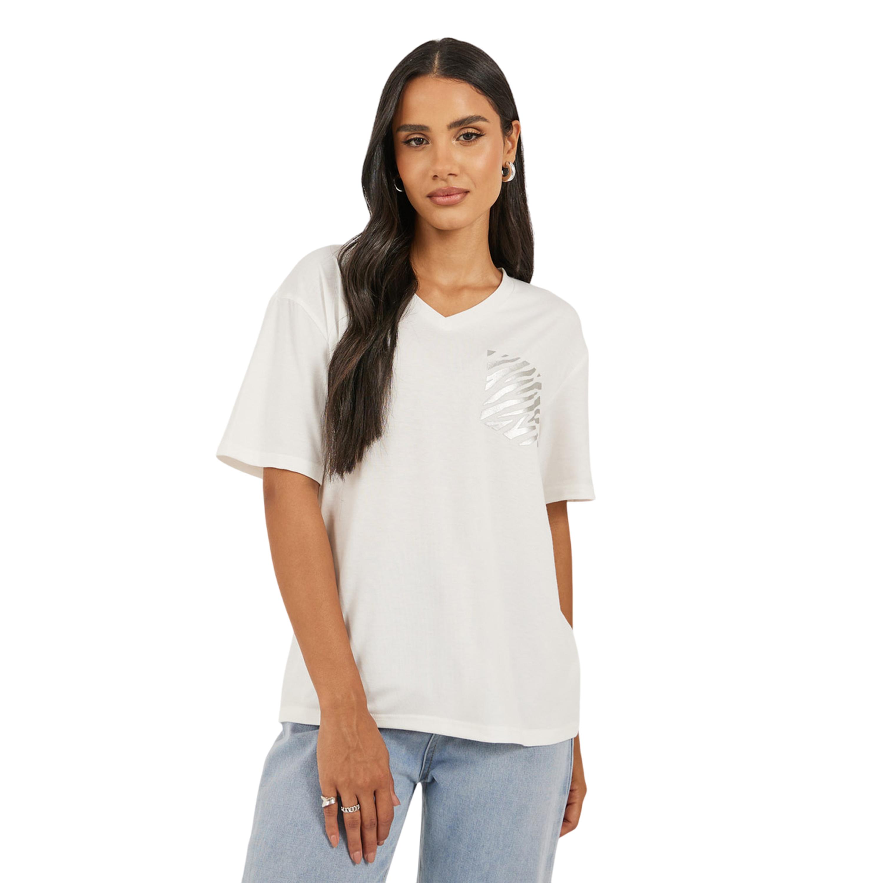 Styli Women White Oversized Zebra Foil Print Mock Pocket T-Shirt-women-clothing-tshirts-image-2