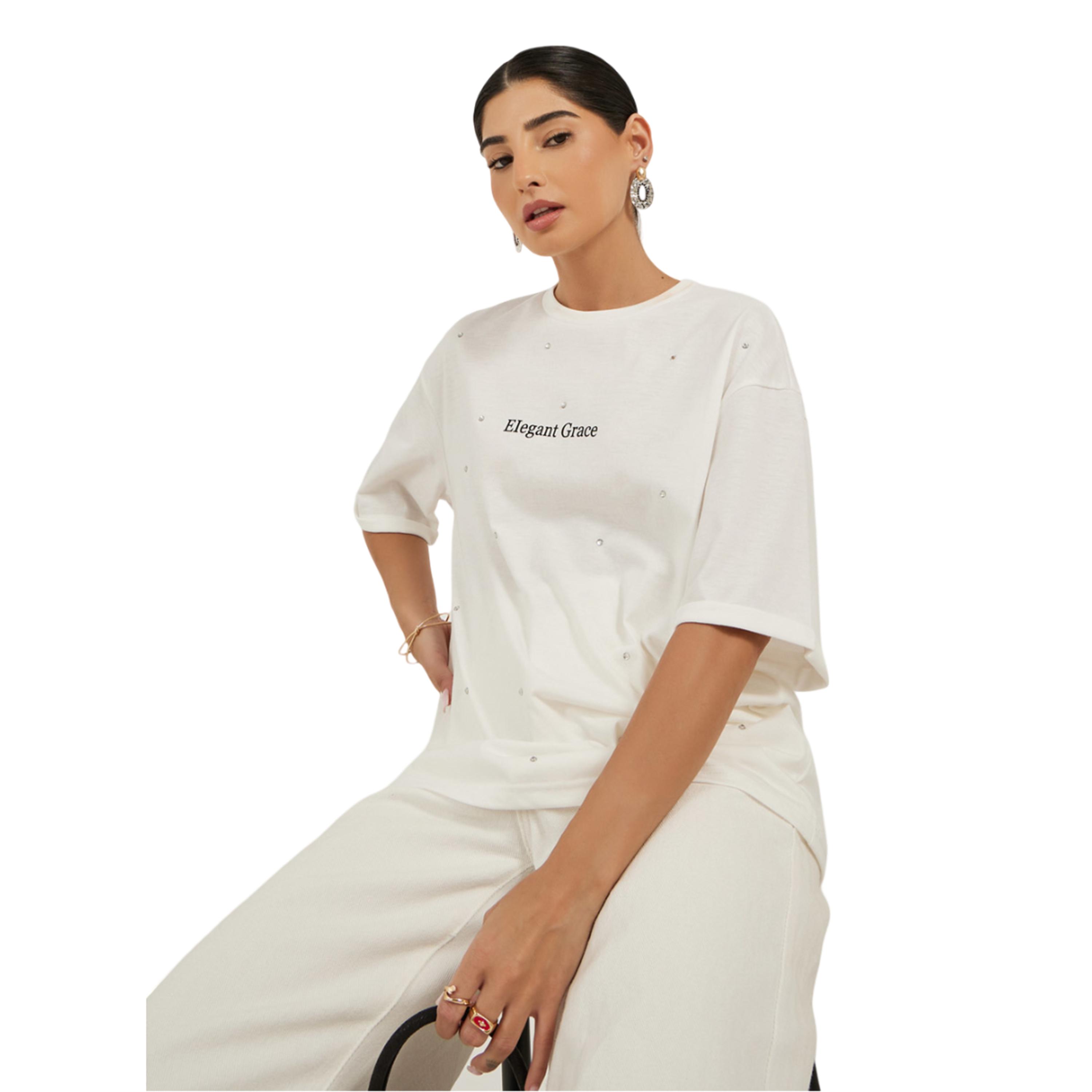 Styli Embellished Slogan Print Oversized T-Shirt-women-clothing-tshirts-image-1