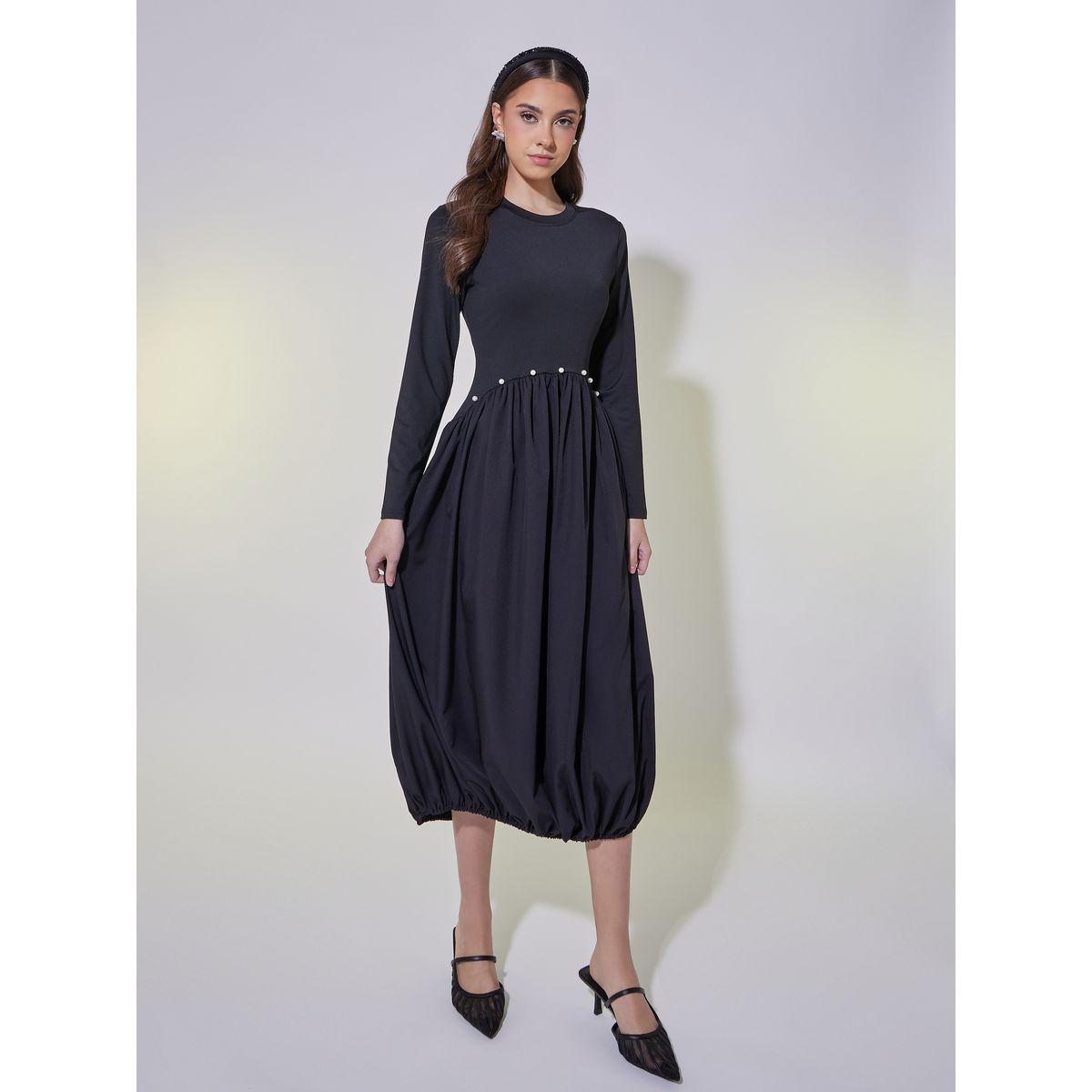 فستان ميدي مزين بلؤلؤ صناعي وحافة مطاطية-women-clothing-dresses-image-1