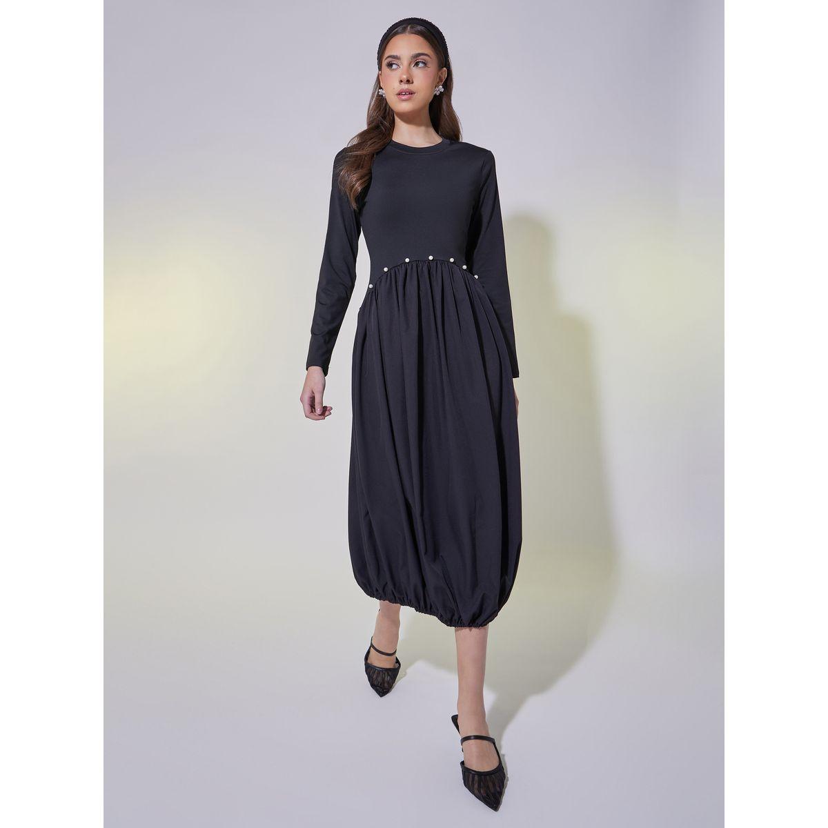 فستان ميدي مزين بلؤلؤ صناعي وحافة مطاطية-women-clothing-dresses-image-2