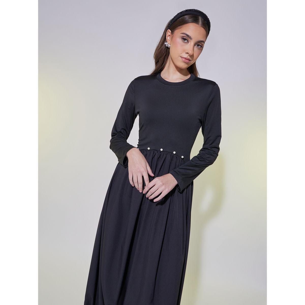 فستان ميدي مزين بلؤلؤ صناعي وحافة مطاطية-women-clothing-dresses-image-3
