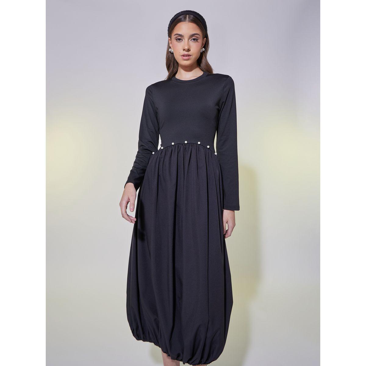 فستان ميدي مزين بلؤلؤ صناعي وحافة مطاطية-women-clothing-dresses-image-4