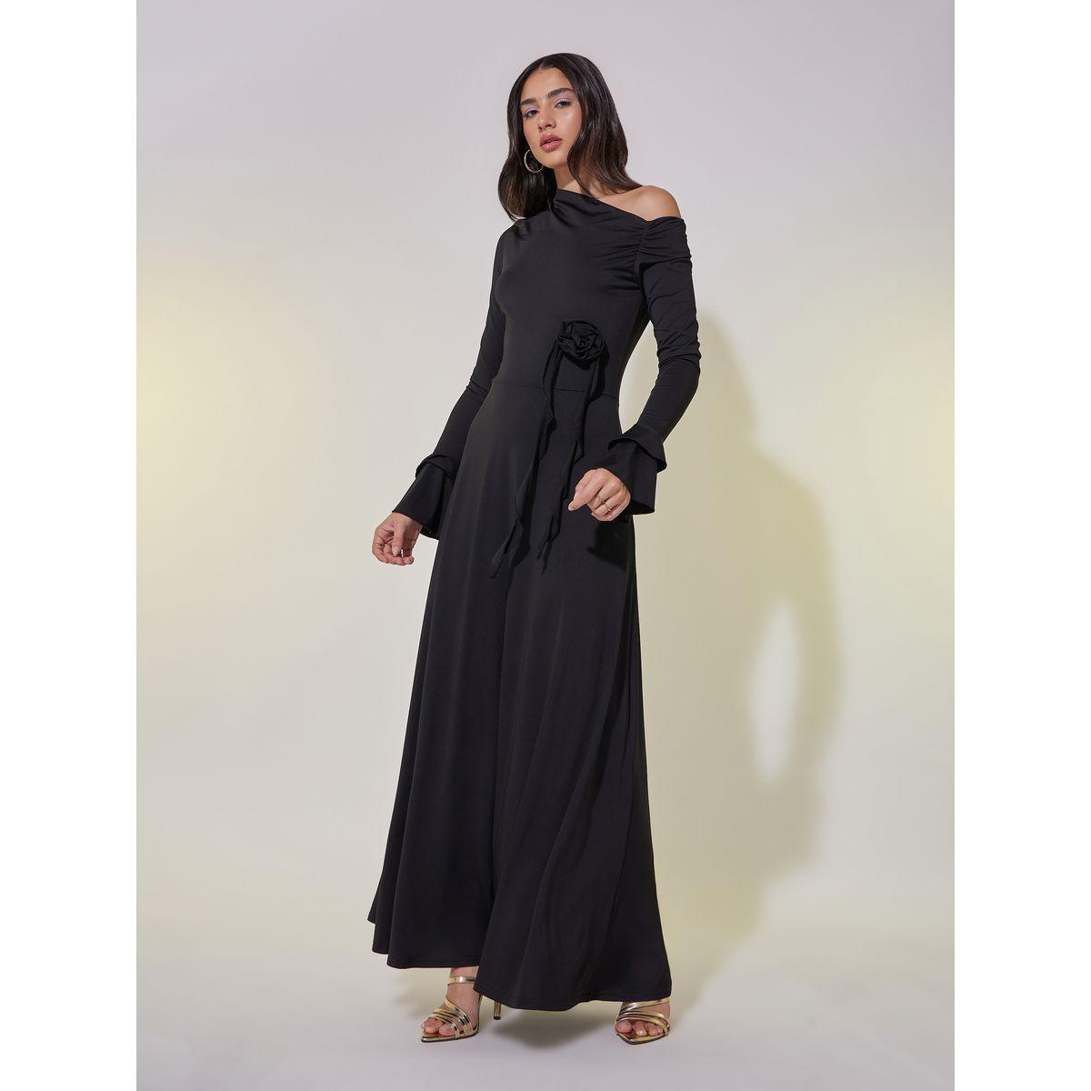 Take Two Solid Flower Corsage Detail Frill Sleeve Maxi Dress-women-clothing-dresses-image-1
