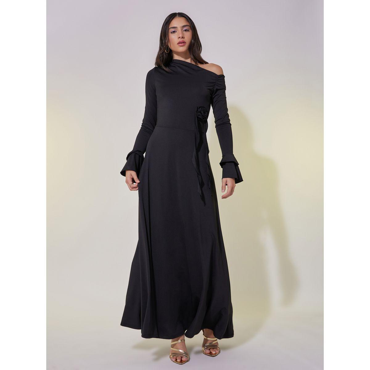 Take Two Solid Flower Corsage Detail Frill Sleeve Maxi Dress-women-clothing-dresses-image-2