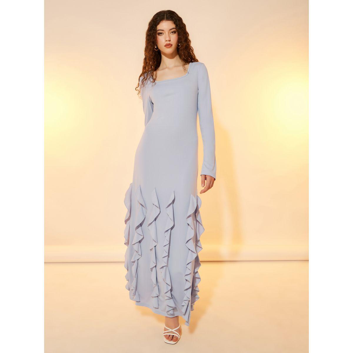 فستان طويل بياقة واسعة وتفاصيل كشكش-women-clothing-dresses-image-1
