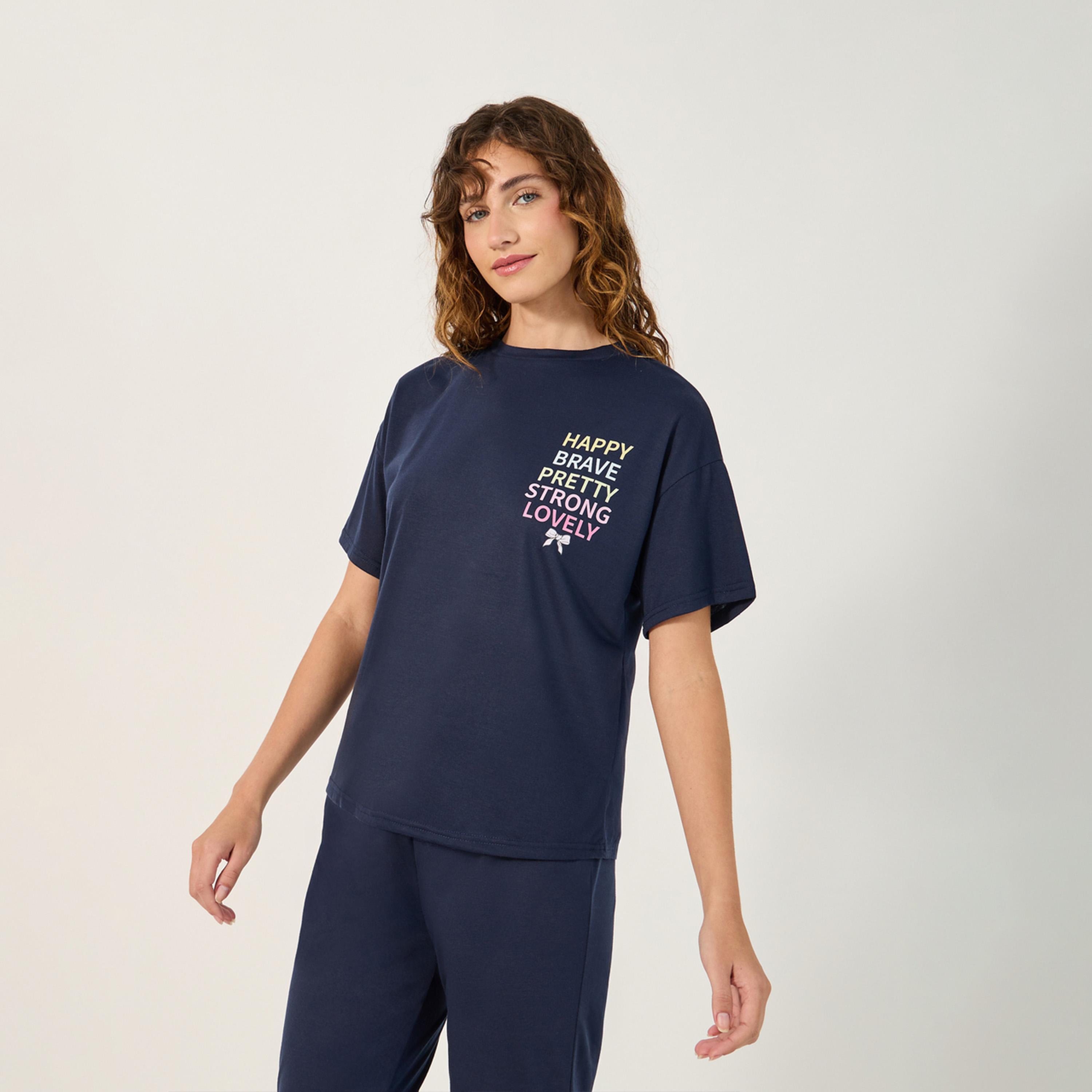 Styli Slogan Print Round Neck T-Shirt and Pyjama Set-women-clothing-nightwear-pyjamas-longsets-image-3
