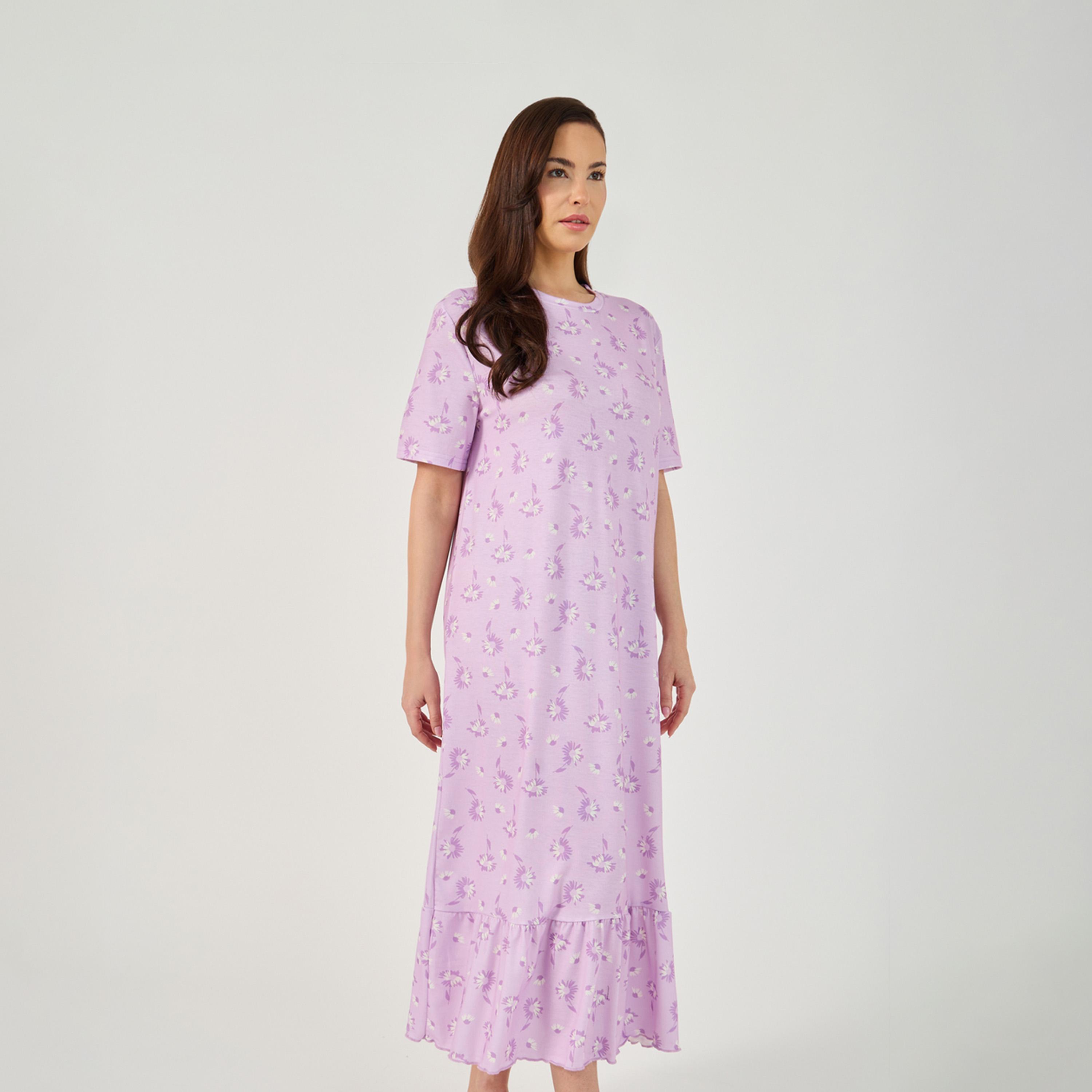 ستايلي - فستان نوم بنمط تي شيرت مع حافة مكشكشة وطبعة زهور-women-clothing-nightwear-nighties-image-2