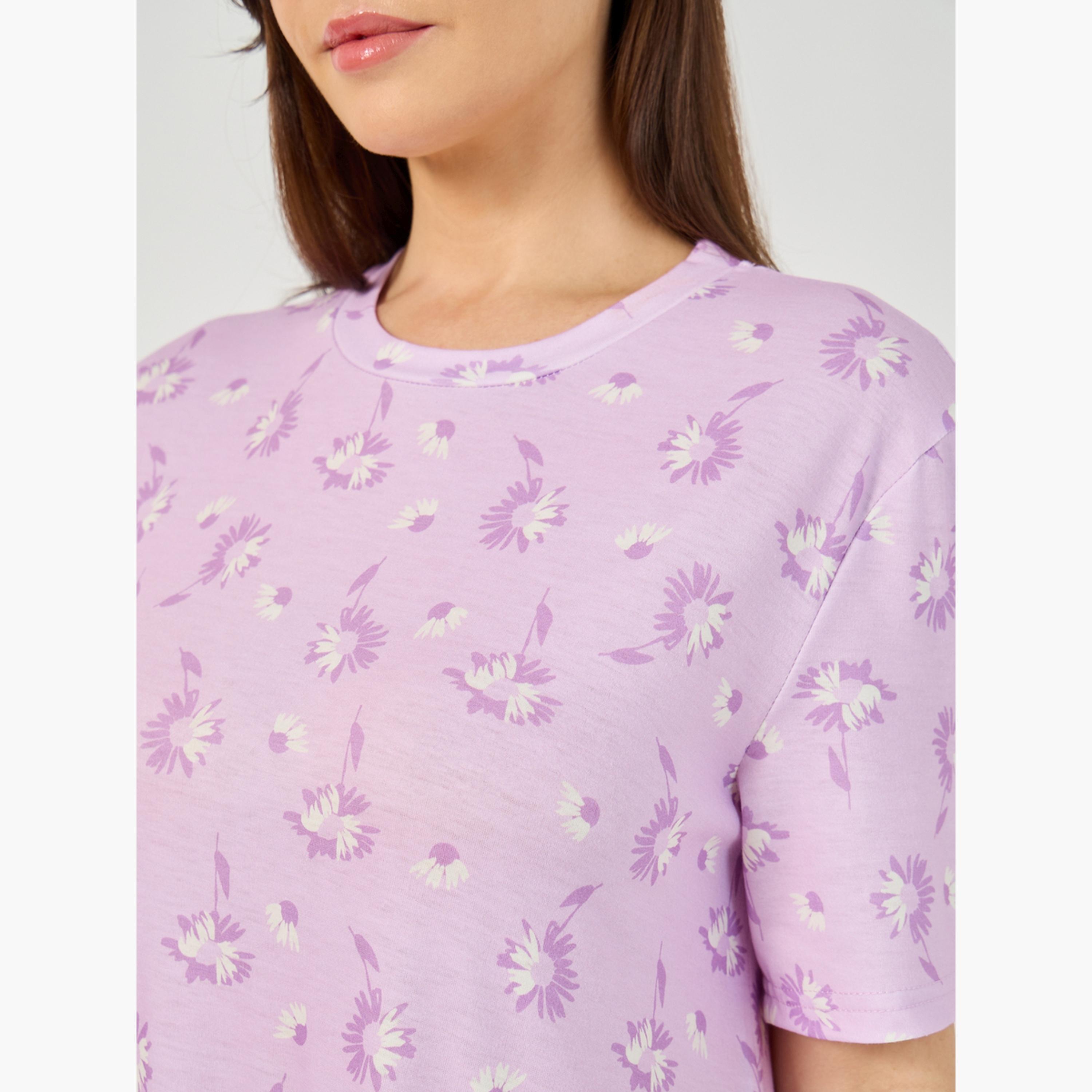 ستايلي - فستان نوم بنمط تي شيرت مع حافة مكشكشة وطبعة زهور-women-clothing-nightwear-nighties-image-3