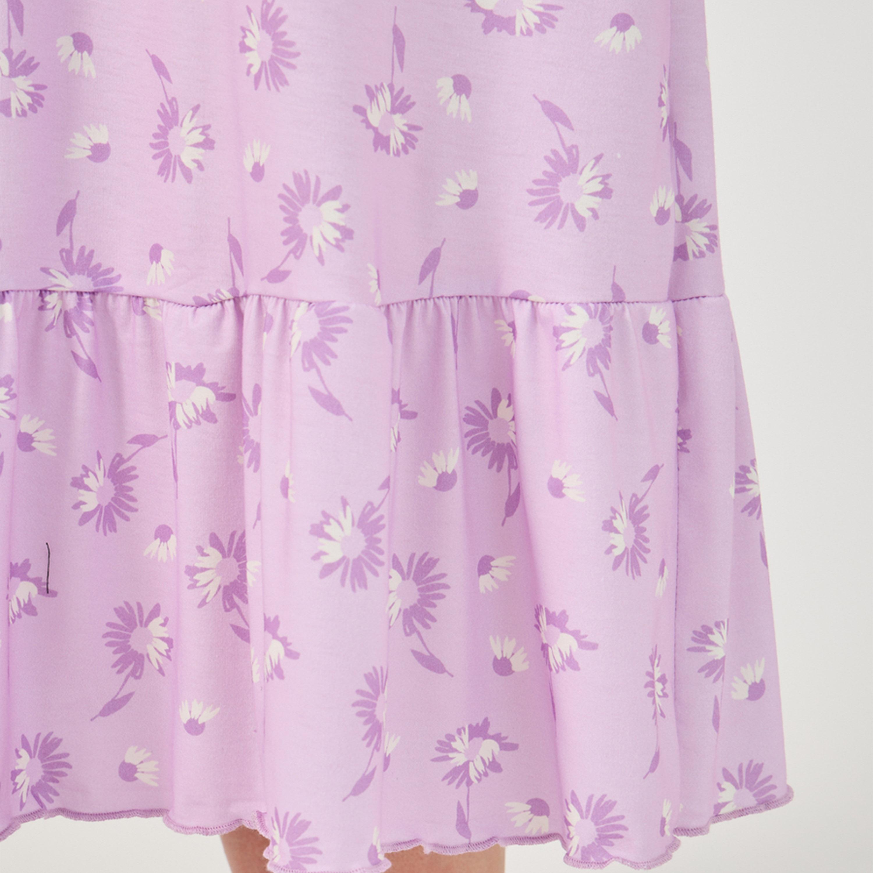 ستايلي - فستان نوم بنمط تي شيرت مع حافة مكشكشة وطبعة زهور-women-clothing-nightwear-nighties-image-4