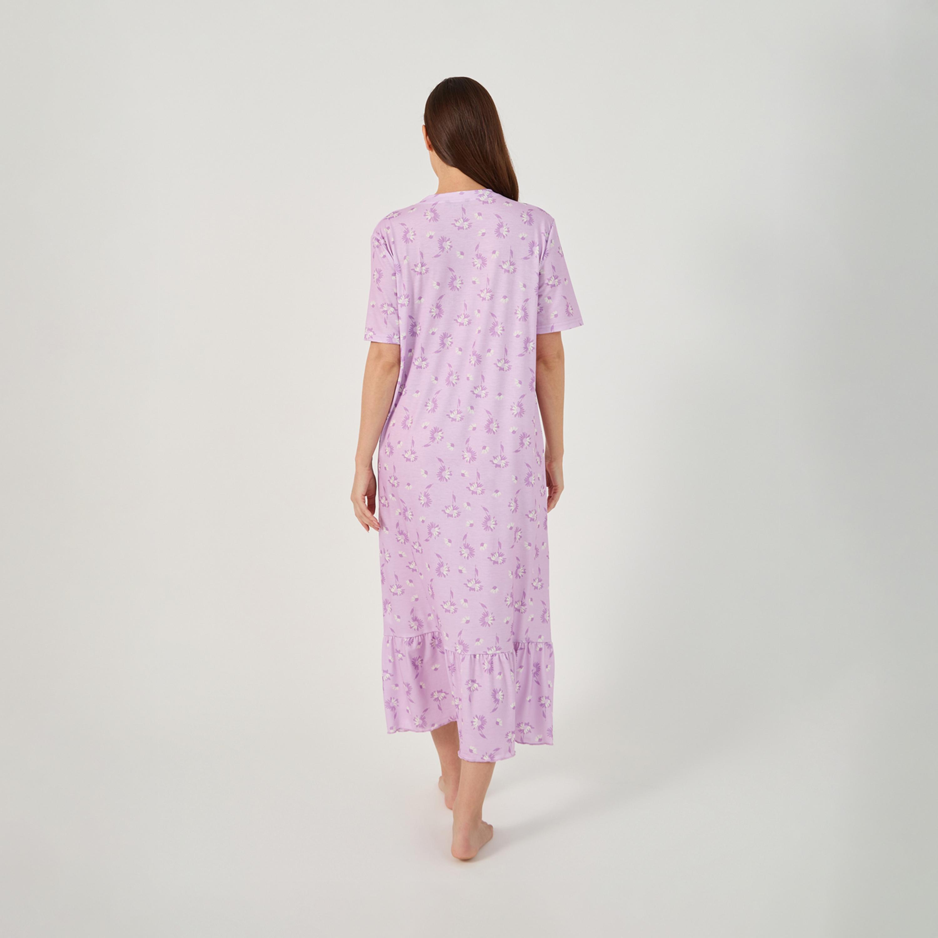 ستايلي - فستان نوم بنمط تي شيرت مع حافة مكشكشة وطبعة زهور-women-clothing-nightwear-nighties-image-5
