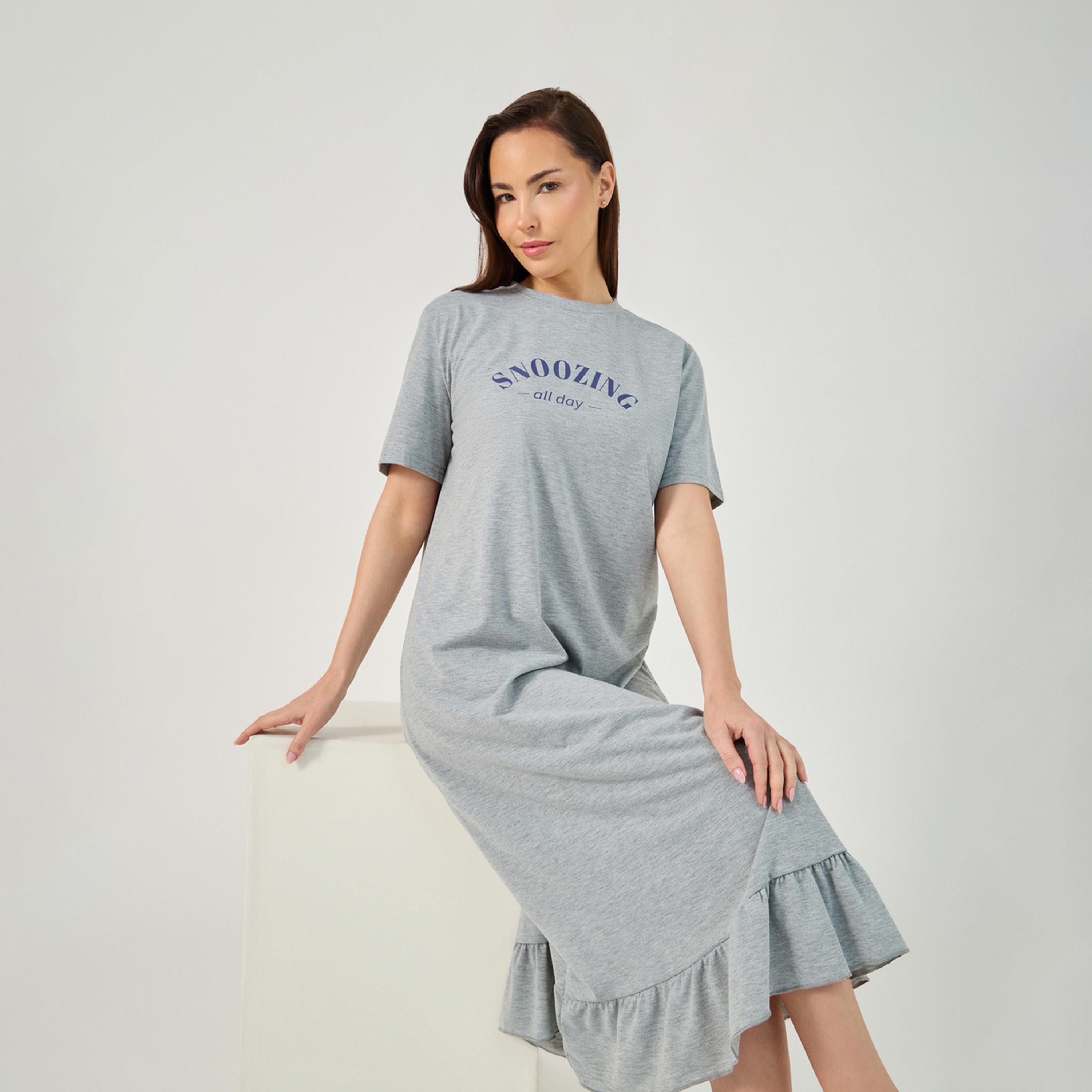 Styli Slogan Print Ruffle Hem Sleep T-Shirt-women-clothing-nightwear-nighties-image-1