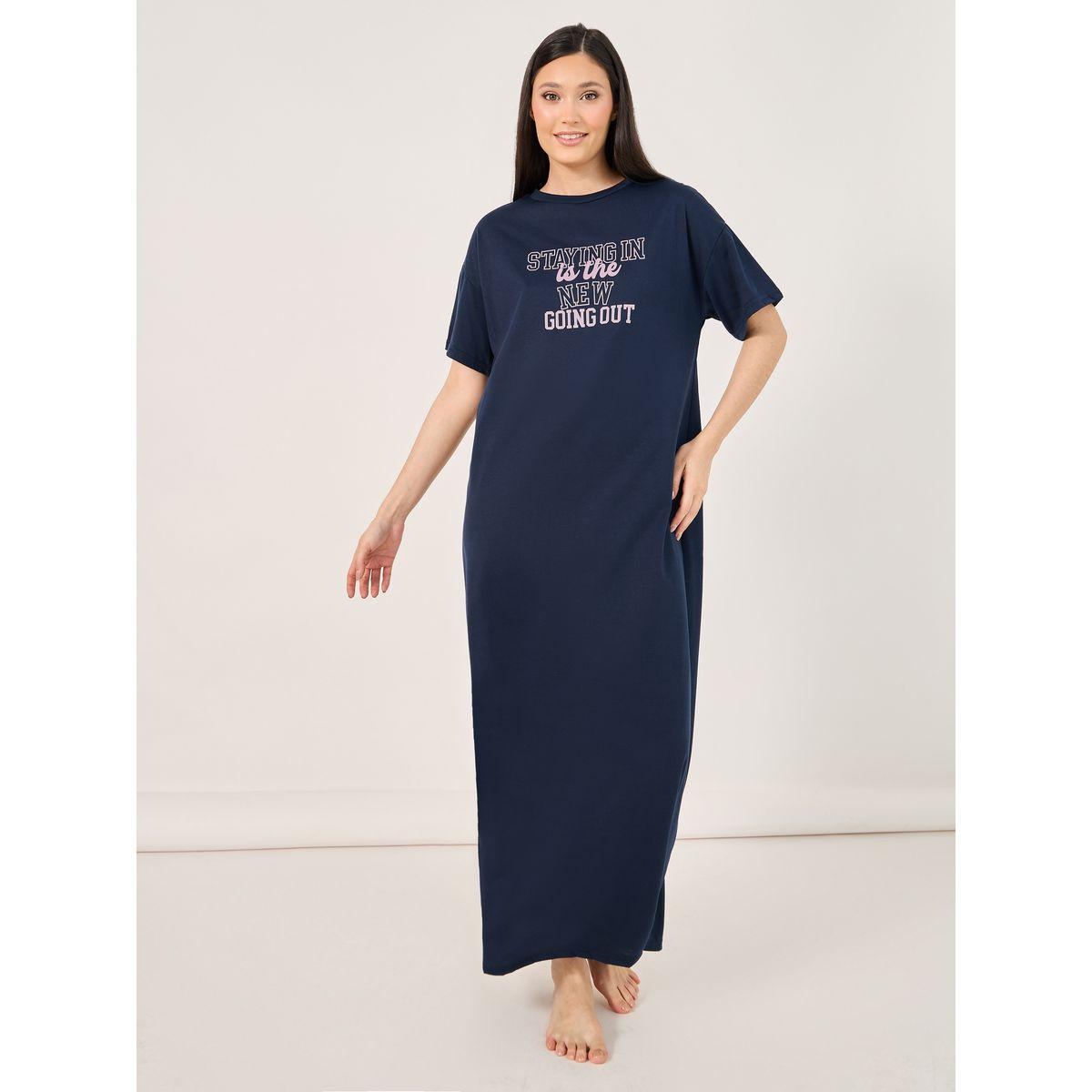 Staying In Slogan Dropped Shoulder Sleep T-Shirt Dress-women-clothing-nightwear-nighties-image-1