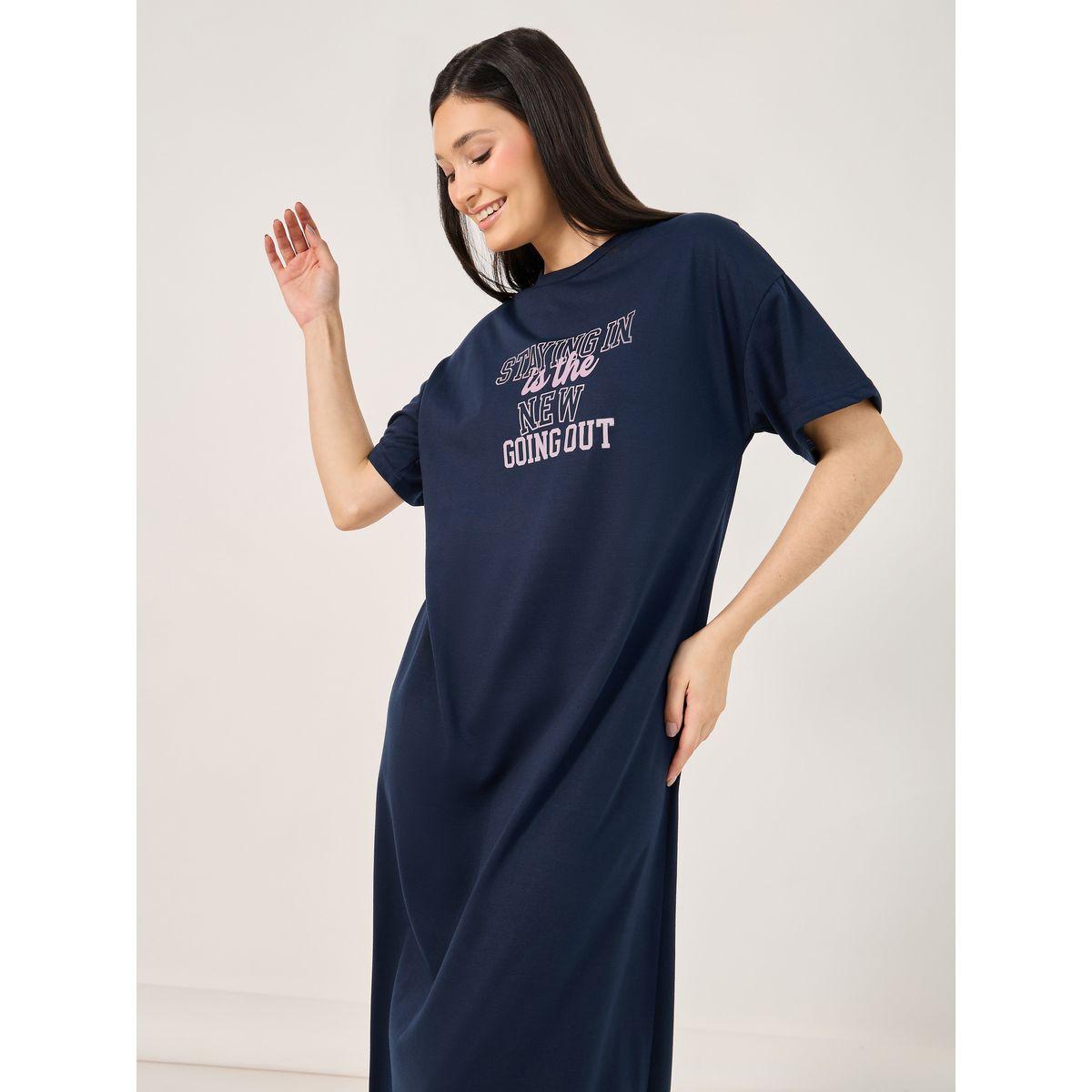 Staying In Slogan Dropped Shoulder Sleep T-Shirt Dress-women-clothing-nightwear-nighties-image-2