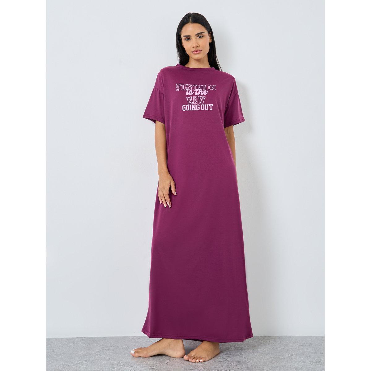 Styli Slogan Print Dropped Shoulder Sleep T-Shirt Dress-women-clothing-nightwear-nighties-image-1