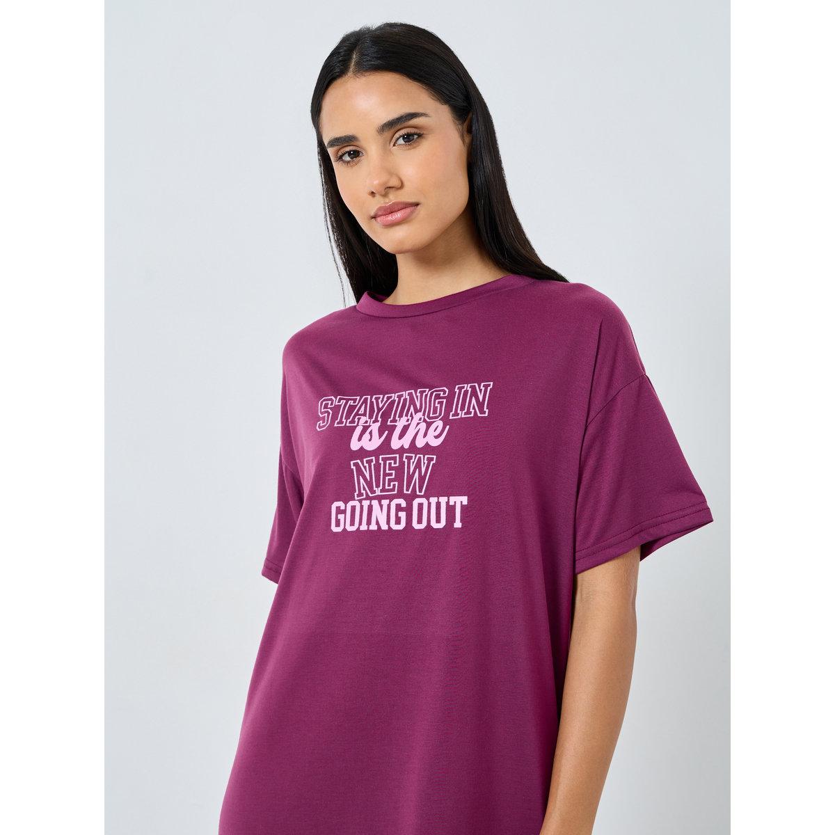 Styli Slogan Print Dropped Shoulder Sleep T-Shirt Dress-women-clothing-nightwear-nighties-image-2