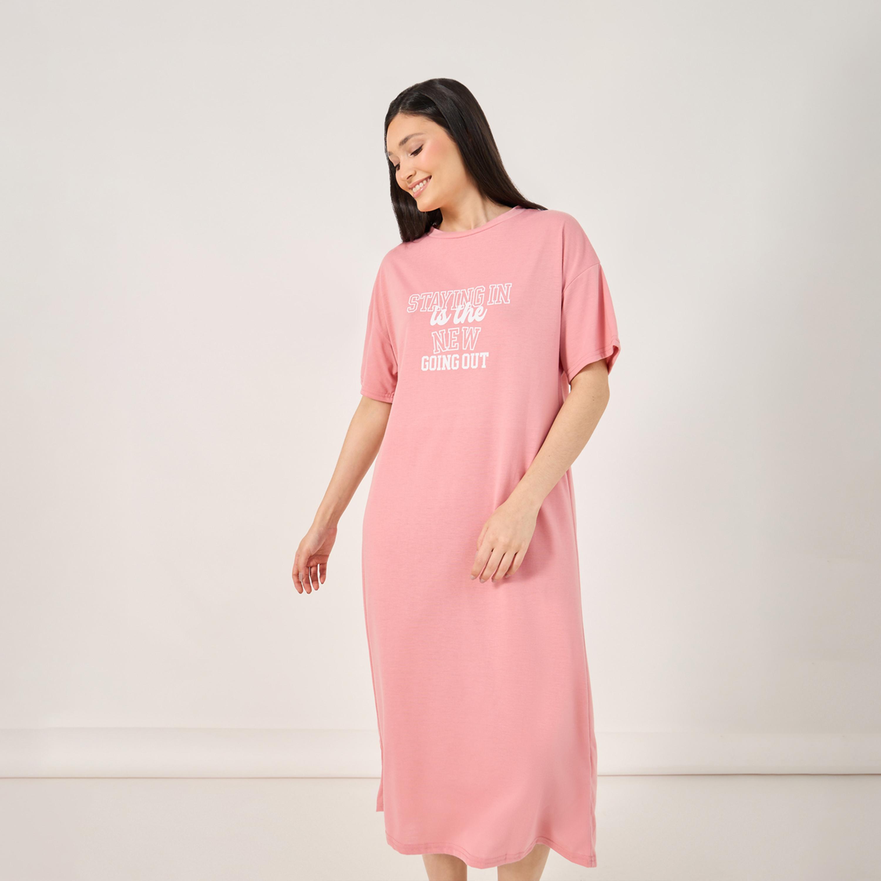 Styli Staying In Slogan Dropped Shoulder Sleep T-Shirt Dress-women-clothing-nightwear-nighties-image-2