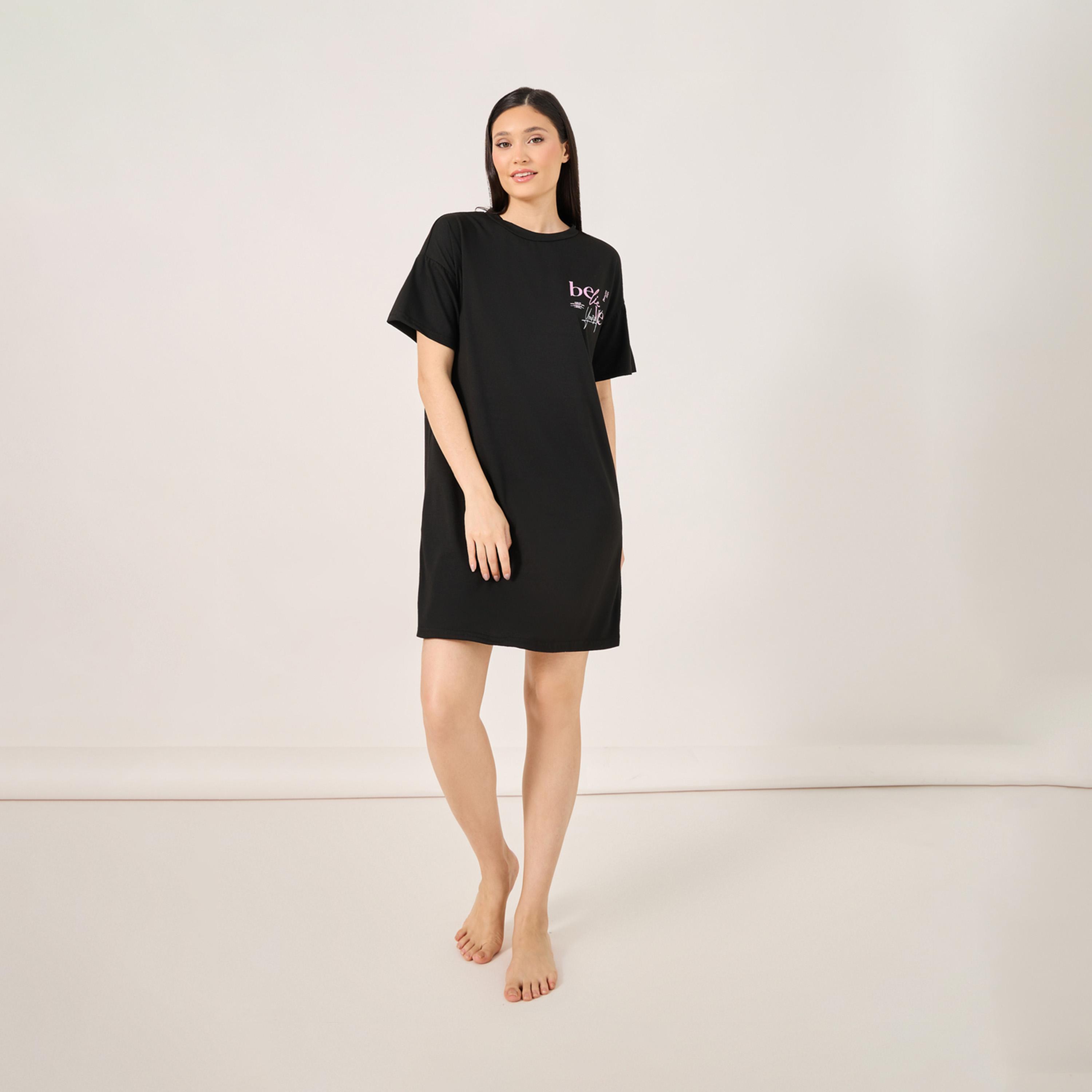 Styli Believe Slogan Print Dropped Shoulder T-Shirt-women-clothing-nightwear-nighties-image-1