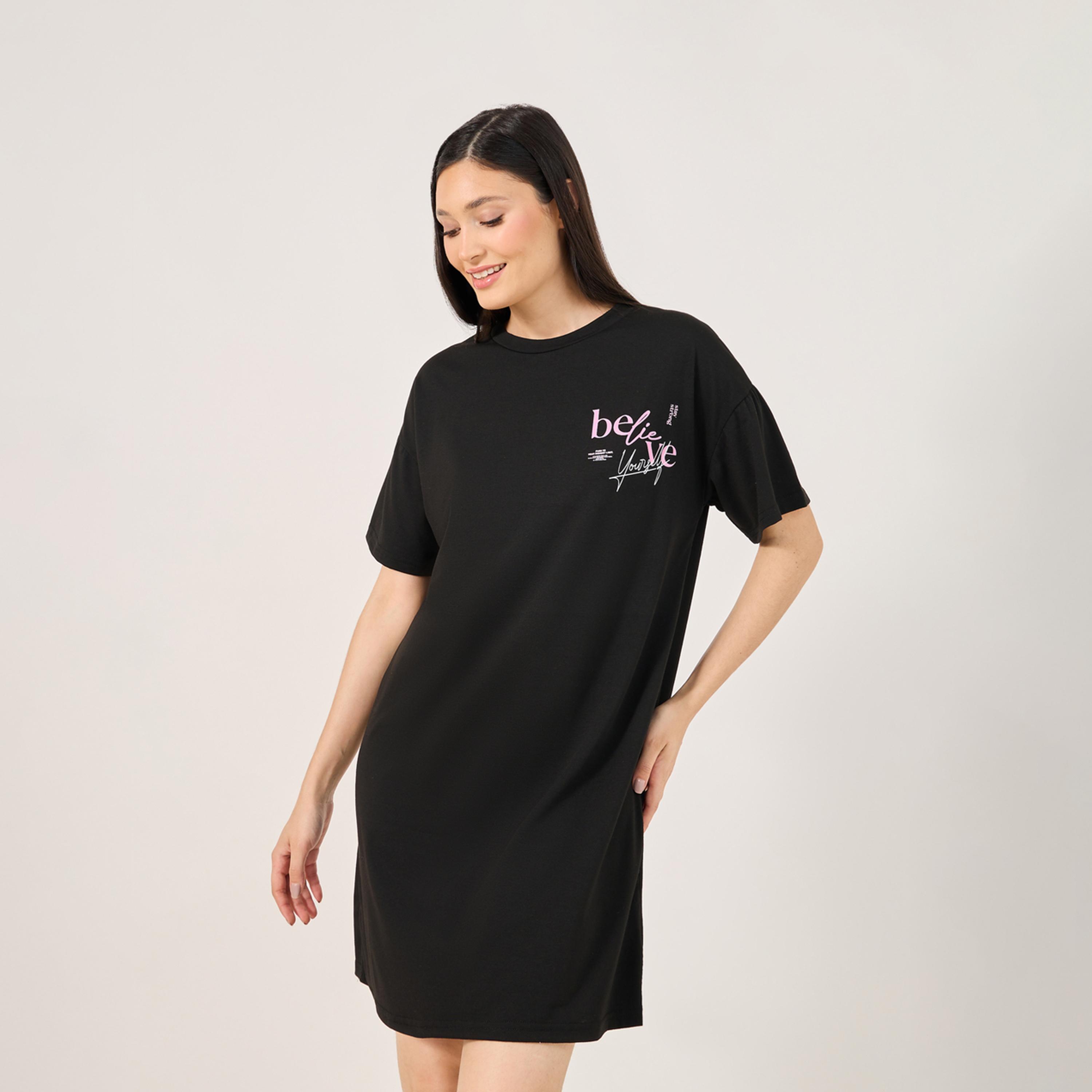 Styli Believe Slogan Print Dropped Shoulder T-Shirt-women-clothing-nightwear-nighties-image-2