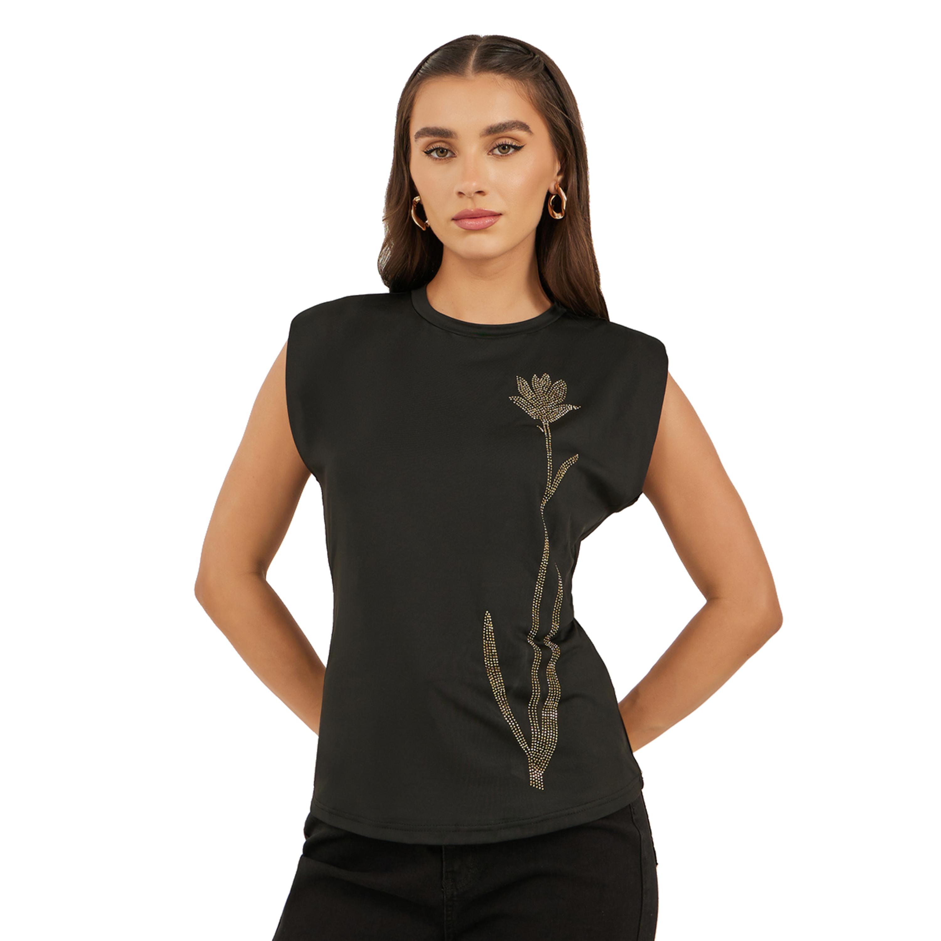 ستايلي - تي شيرت مزين برقبة دائرية وقصة ضيقة-women-clothing-tshirts-image-1