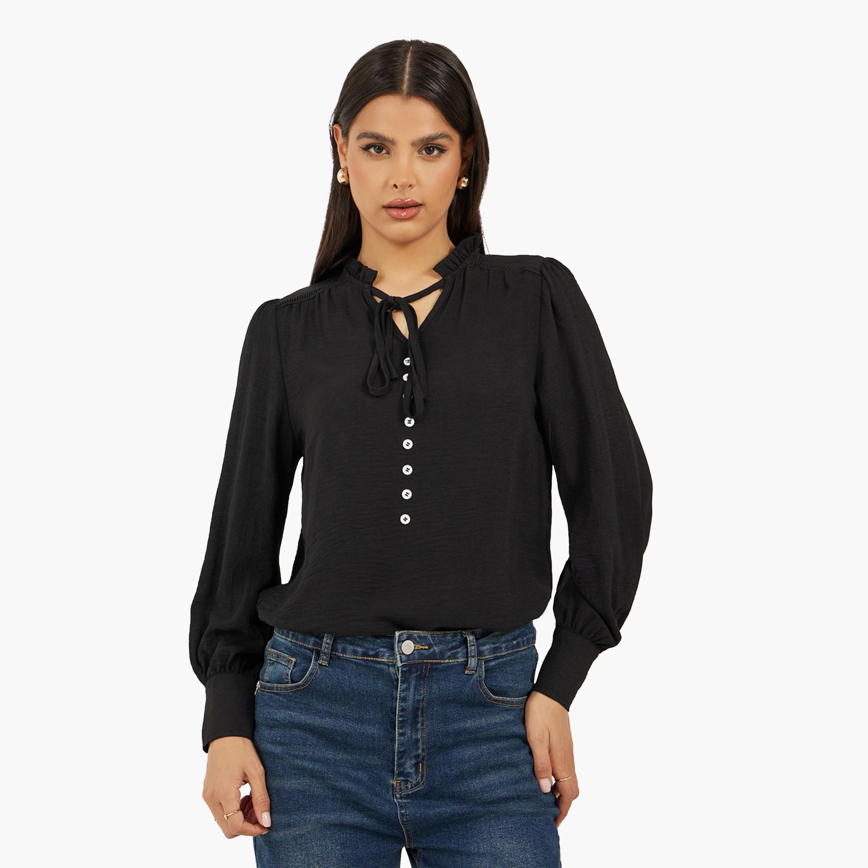 Styli Black Solid Long Sleeve Blouse-women-clothing-shirtsandblouses-blouses-image-1