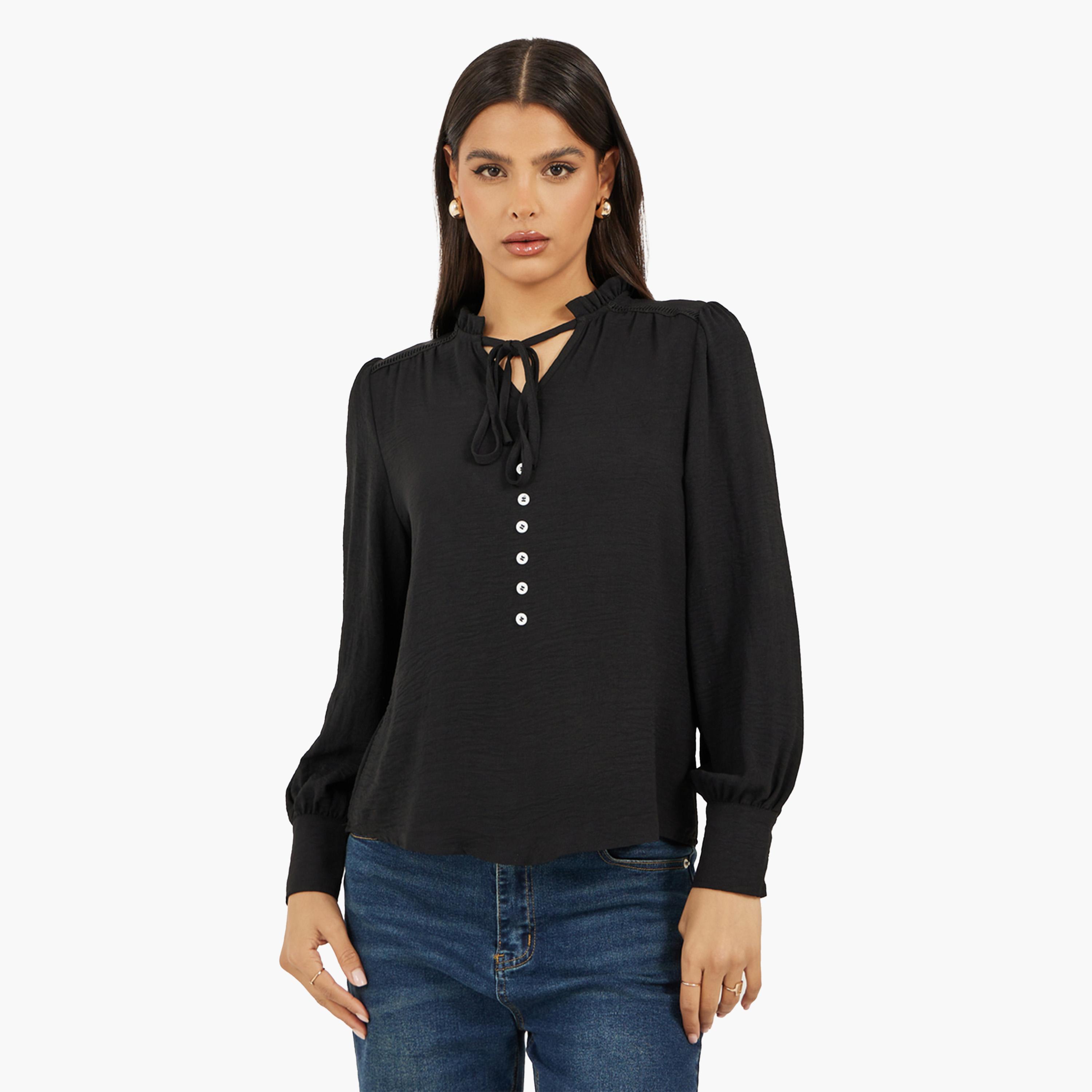 Styli Black Solid Long Sleeve Blouse-women-clothing-shirtsandblouses-blouses-image-2