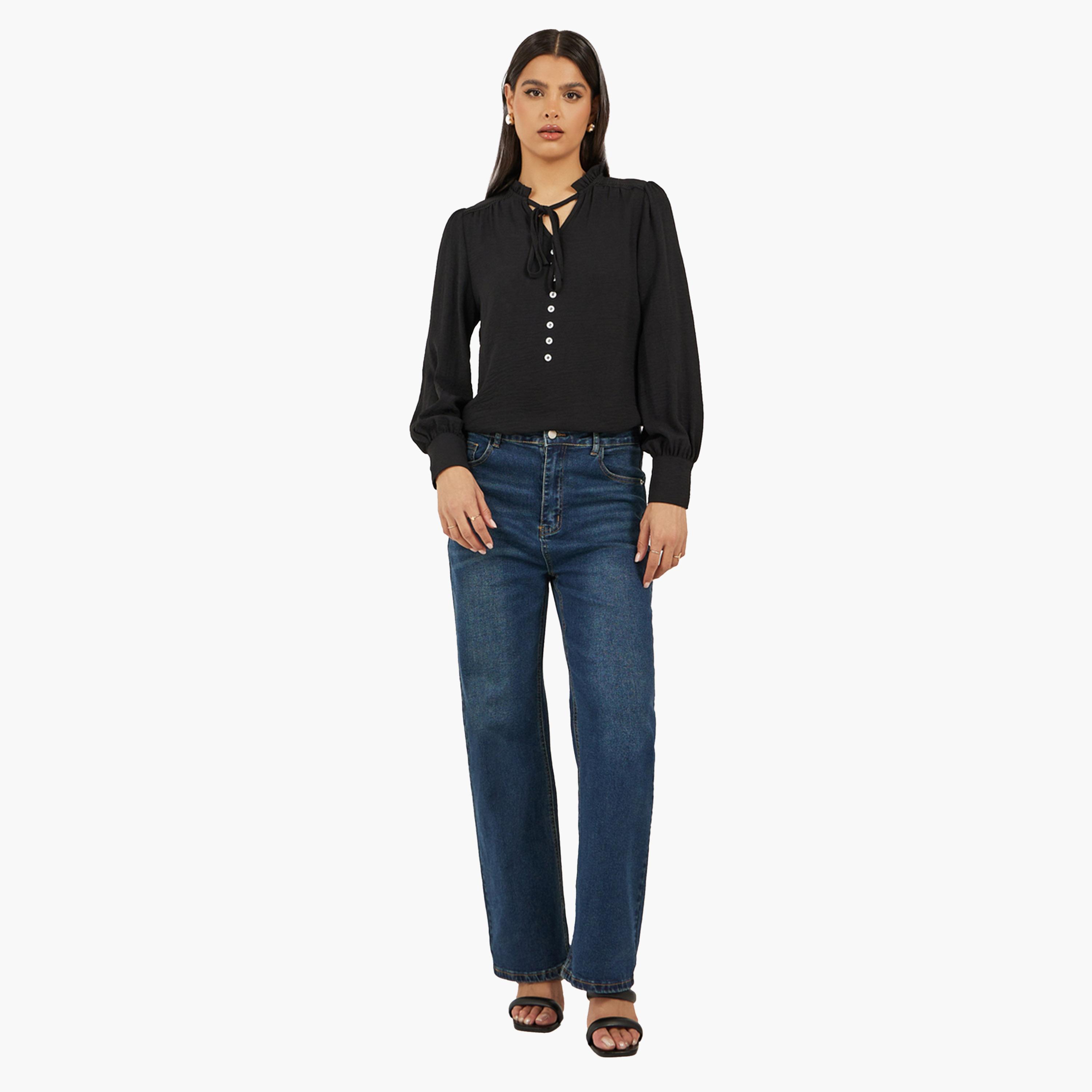 Styli Black Solid Long Sleeve Blouse-women-clothing-shirtsandblouses-blouses-image-3