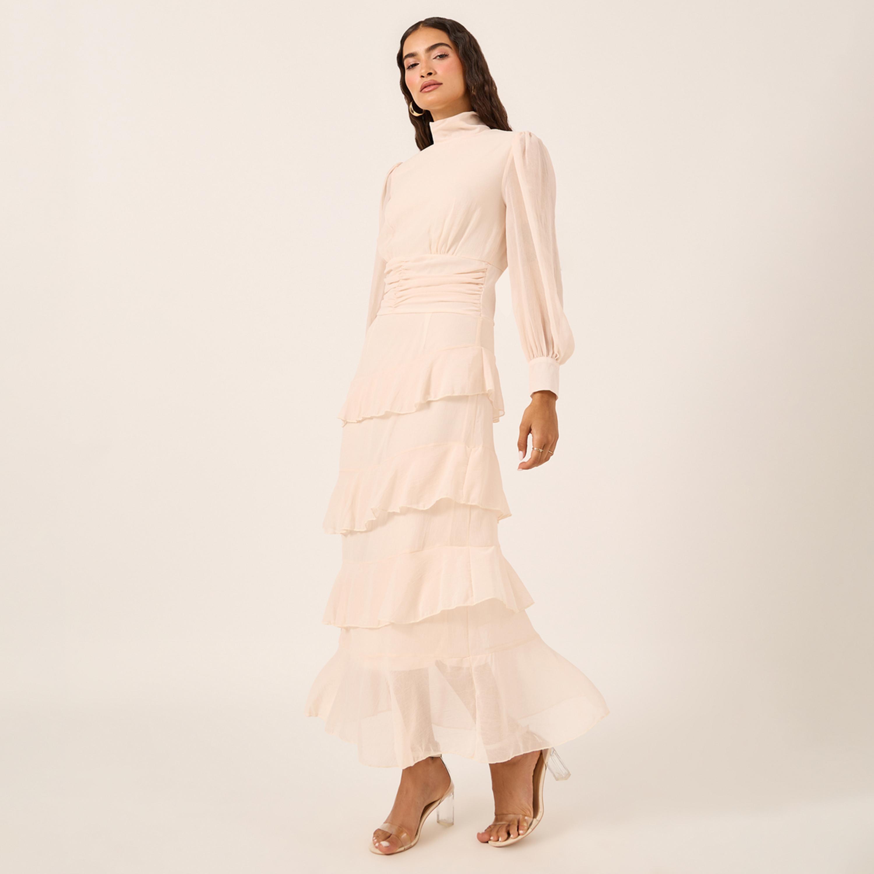 ستايلي - فستان ماكسي متعدد الطبقات بأكمام منفوخة وحافة مكشكشة-women-clothing-dresses-image-2