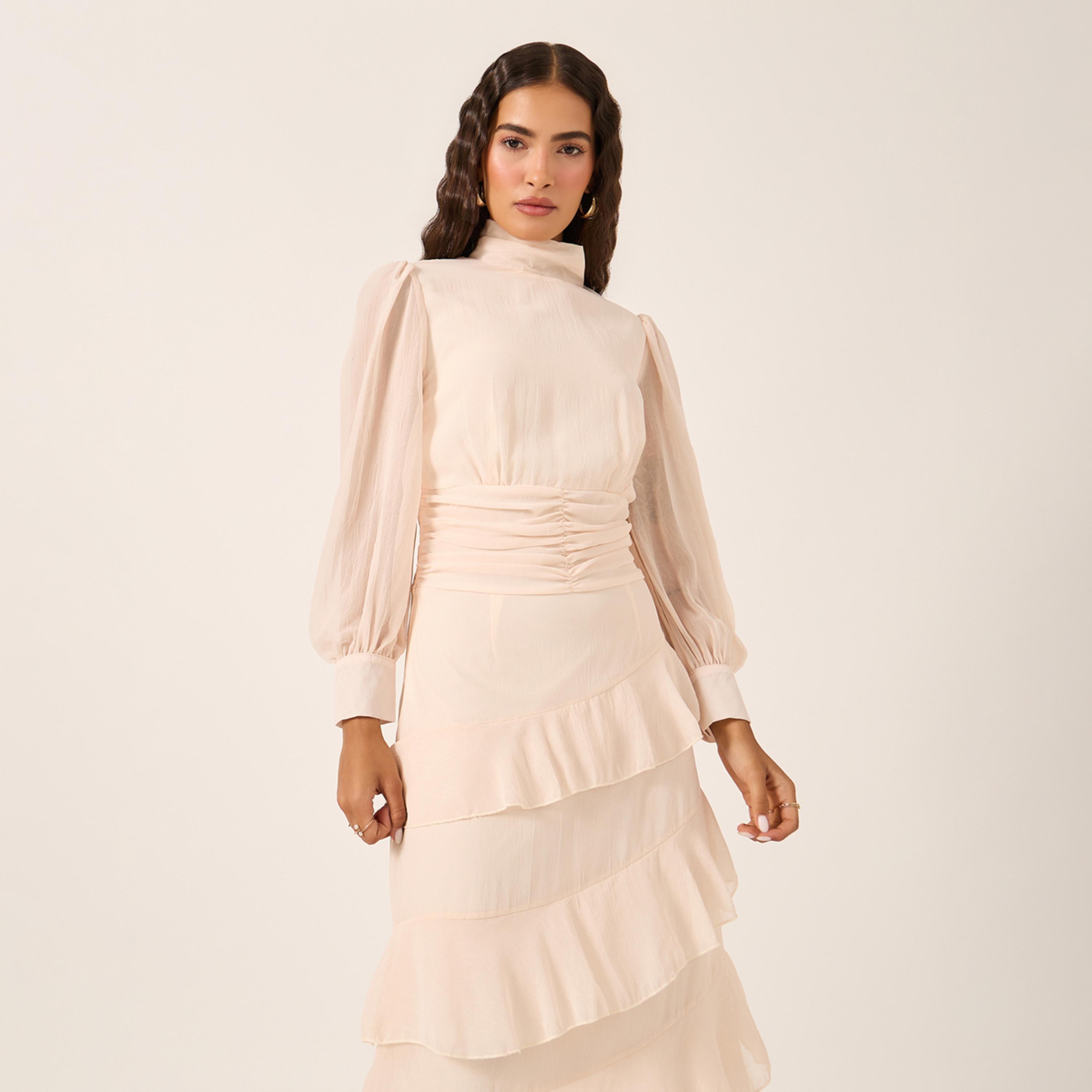 ستايلي - فستان ماكسي متعدد الطبقات بأكمام منفوخة وحافة مكشكشة-women-clothing-dresses-image-3