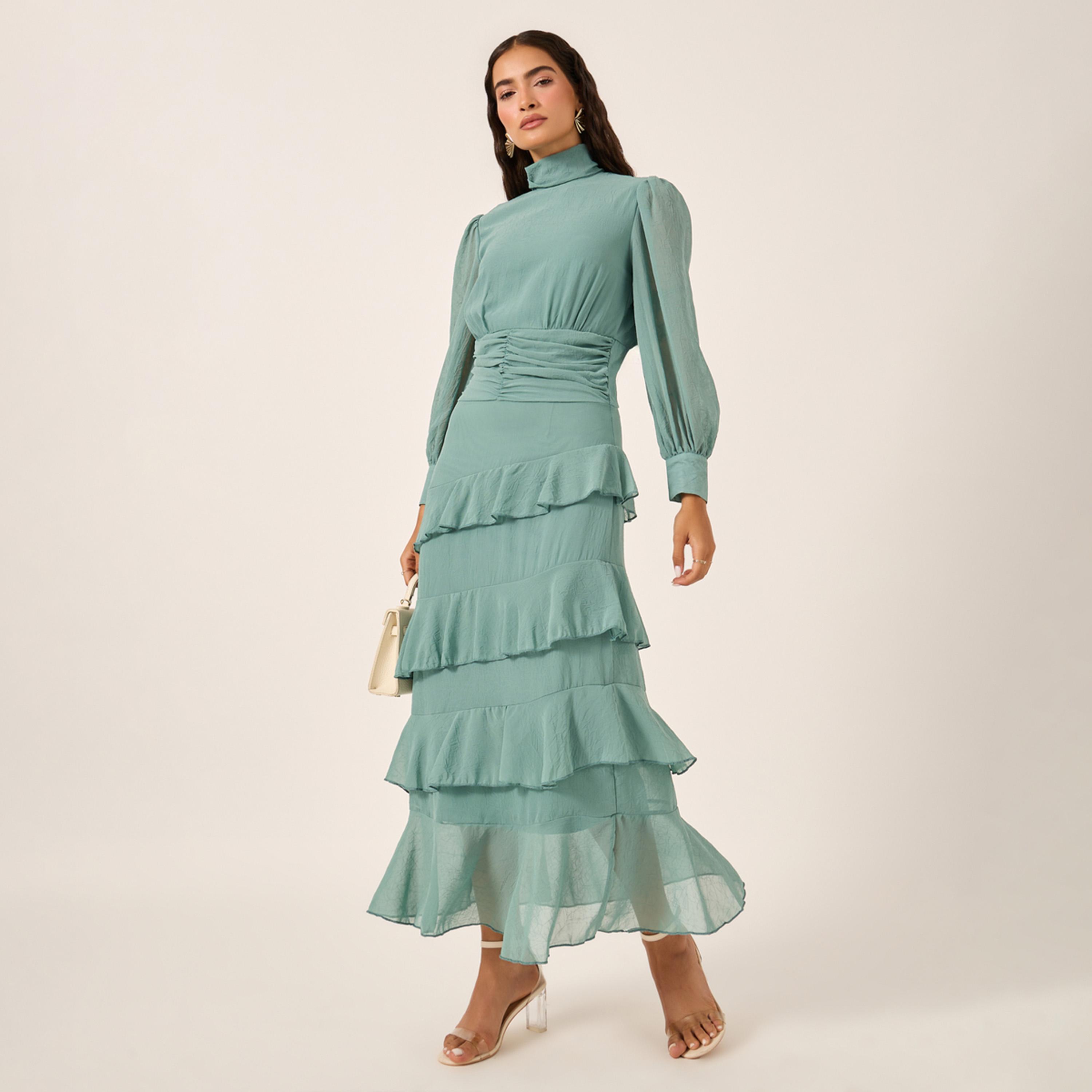 ستايلي - فستان ماكسي متعدد الطبقات بأكمام منفوخة وحافة مكشكشة-women-clothing-dresses-image-1