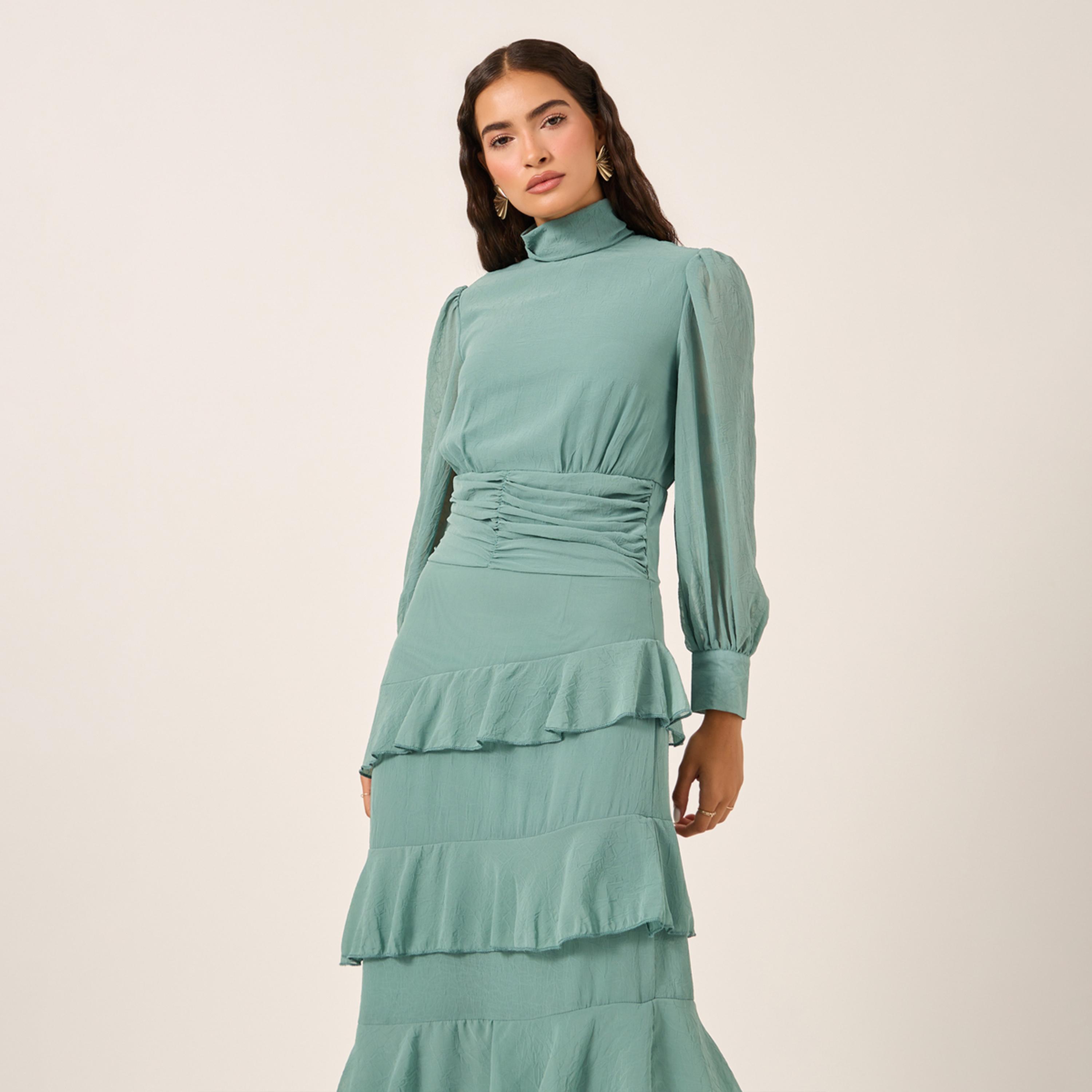 ستايلي - فستان ماكسي متعدد الطبقات بأكمام منفوخة وحافة مكشكشة-women-clothing-dresses-image-2