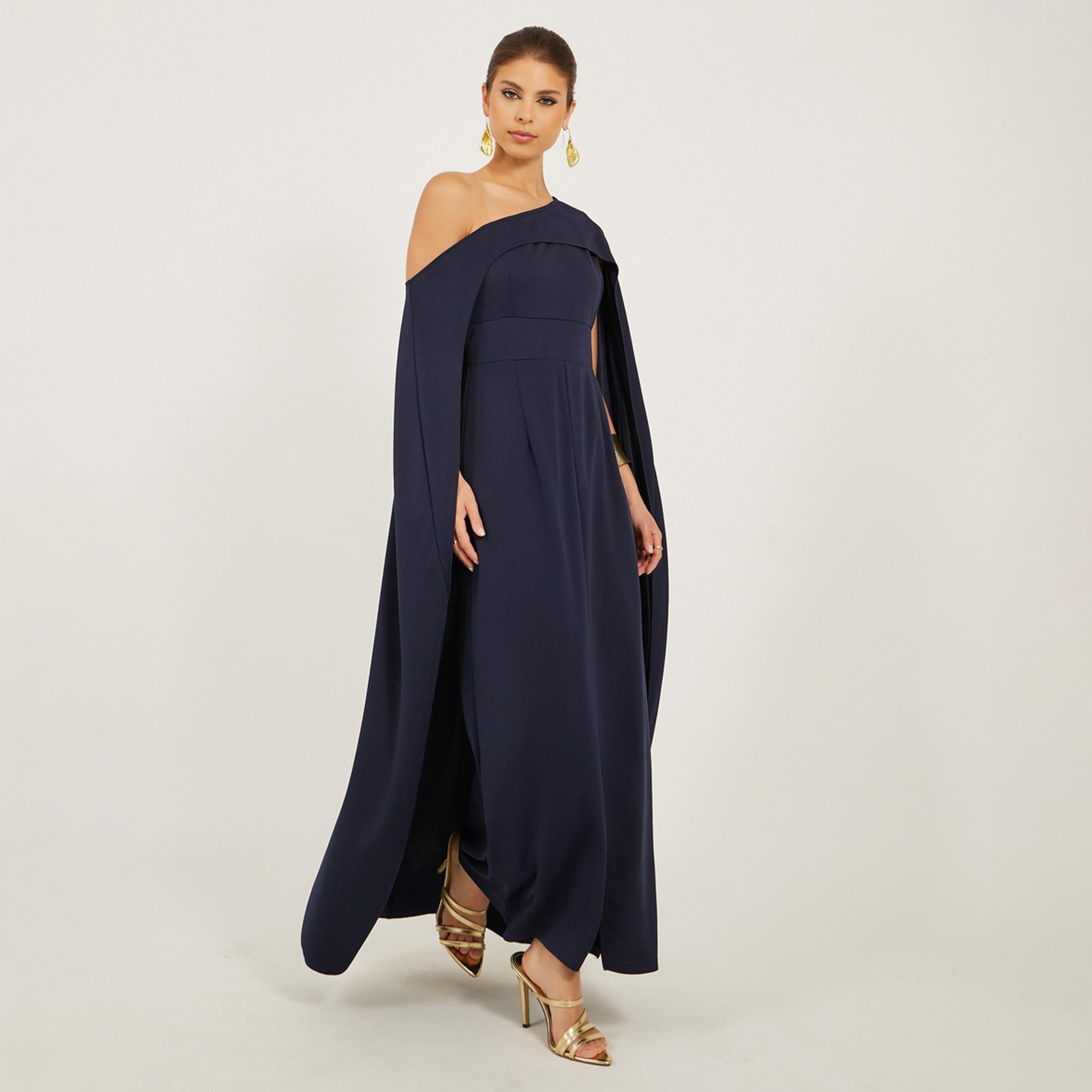 Styli Solid One Shoulder Cape Sleeve Maxi Dress-women-clothing-dresses-image-1